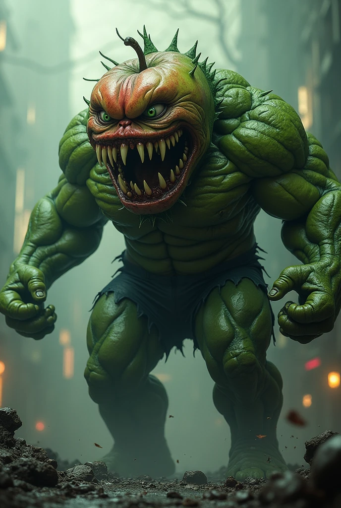 an evil pineapple in a hulk suit on middle of road and a bloody axe