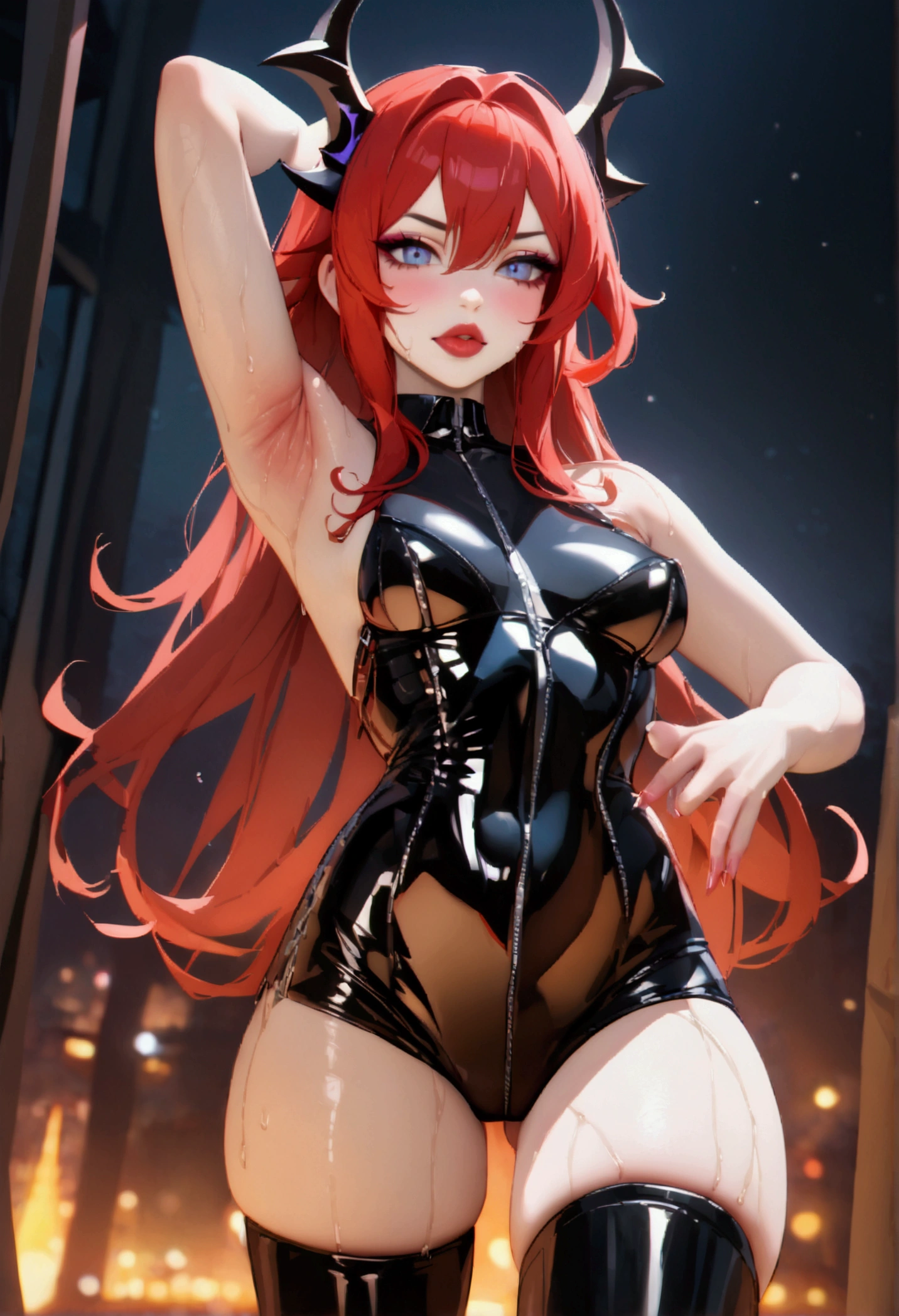 Surtr, Night view, Beauty, Beautiful eyes, blush, uhd, retina, masterpiece, ccurate, anatomically correct, textured skin, super detail, high details, high quality, best quality, highres, knee high boots, gloss lips, lipstick, 4K, eyeshadow, eyeliner, blush, long hair, lipstick, red hair, long eyelashes, evil grin, latex, sweaty armpits, tongue