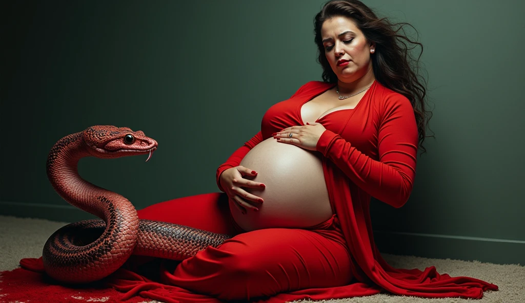 Pregnant Happy Horny, aroused 1girl), beautiful indian young girl wearing red thong with giant colossal black titanboa monster squeezing her hard, wrapped in thick spiraling coils, constricted, struggle, gasping for air, snake attack, snake peril,