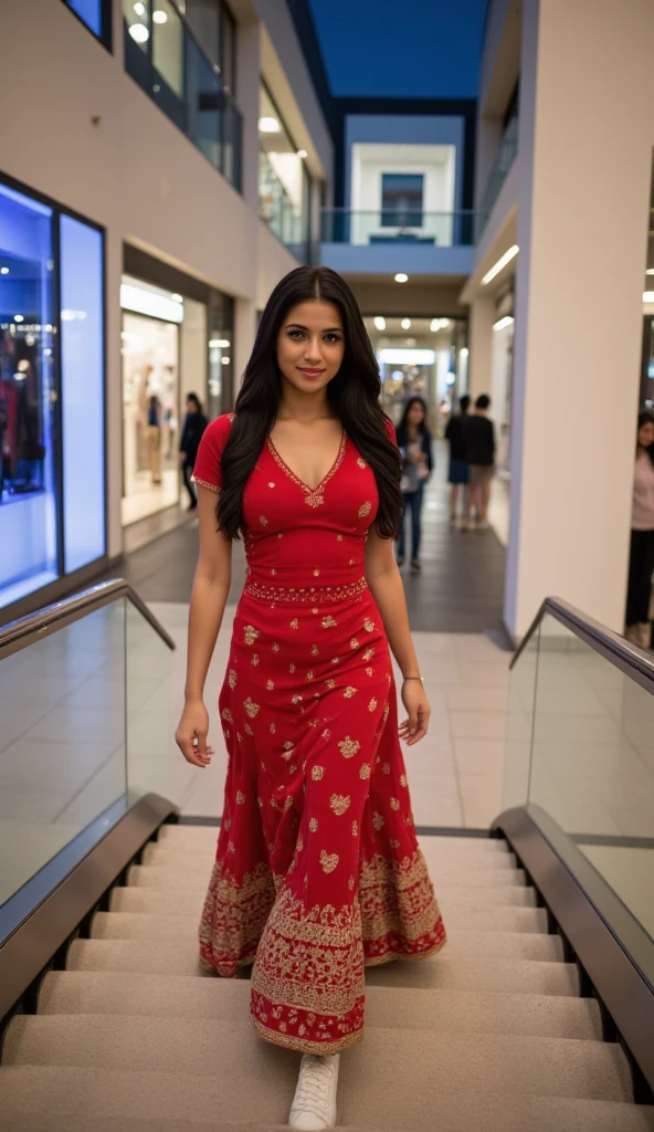 The scene is set inside a modern shopping mall, with sleek, contemporary design elements. The atmosphere is elegant yet casual, illuminated by soft ambient lighting reflecting off the polished floors. The mall’s escalators and glass windows showcase the night view outside, where city lights sparkle. A 18-year-old Indian woman, embodying youthful elegance and confidence. She has dark, glossy hair that cascades down her back, and her sharp, symmetrical face is radiant with natural beauty. She’s wearing a red lehenga paired with white sneakers, combining traditional and modern styles. The lehenga is intricately designed, with a beautiful fabric that catches the light. The sneakers add a casual and comfortable touch, balancing her look. The mall's ambient lighting enhances the model’s features, creating subtle shadows and soft highlights that add depth and dimension to her skin. The night view outside the mall can be seen through the glass windows, providing a calm and sophisticated backdrop. This is a full-body, high-quality portrait captured with DSLR-like precision to bring out the details of her outfit and the surroundings. The focus is on her graceful pose, with the mall’s stairs and modern architecture framing the image.  Mid-shot of her walking up the stairs, the lehenga's intricate design captured in motion.