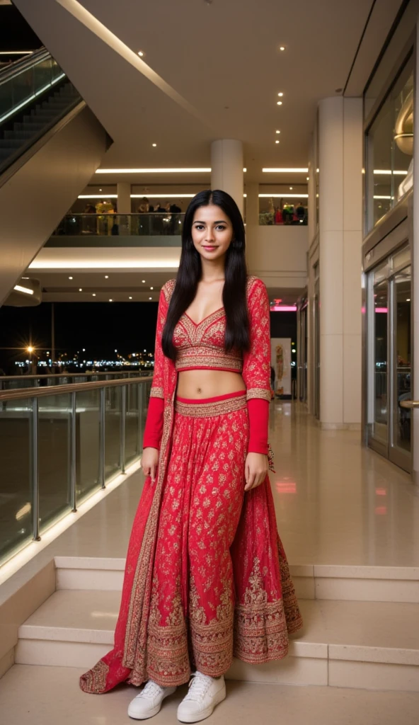 The scene is set inside a modern shopping mall, with sleek, contemporary design elements. The atmosphere is elegant yet casual, illuminated by soft ambient lighting reflecting off the polished floors. The mall’s escalators and glass windows showcase the night view outside, where city lights sparkle. A 18-year-old Indian woman, embodying youthful elegance and confidence. She has dark, glossy hair that cascades down her back, and her sharp, symmetrical face is radiant with natural beauty. She’s wearing a red lehenga paired with white sneakers, combining traditional and modern styles. The lehenga is intricately designed, with a beautiful fabric that catches the light. The sneakers add a casual and comfortable touch, balancing her look. The mall's ambient lighting enhances the model’s features, creating subtle shadows and soft highlights that add depth and dimension to her skin. The night view outside the mall can be seen through the glass windows, providing a calm and sophisticated backdrop. This is a full-body, high-quality portrait captured with DSLR-like precision to bring out the details of her outfit and the surroundings. The focus is on her graceful pose, with the mall’s stairs and modern architecture framing the image. A wide shot of her standing still, relaxed on the stairs, with her hands lightly resting at her sides, surrounded by the mall’s modern features.