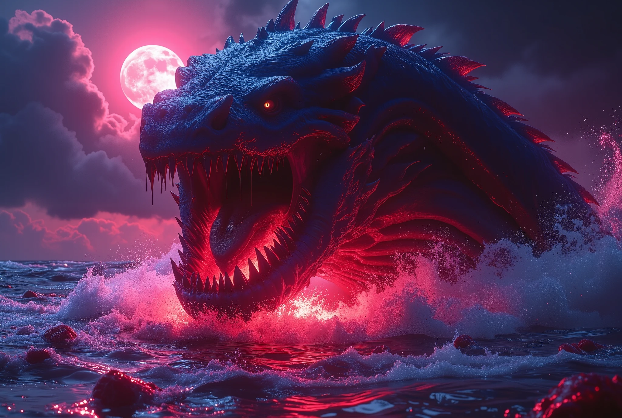 (Best Picture Quality,4K,8K,Hi-Res,Masterpiece:1.2),Ultra-Detailed,(Realistic,Photorealistic,Photorealistic:1. 37),A neon-colored, Gore,Eerie,Horror,Stormy Sea,Moon View,Sacrificed Princess Andromeda,The most beautiful princess in the world with blond hair and blue eyes,Giant monster appears from the sea,Kraken's mouth princess being dragged and torn apart, bloody bites, bloodied, dismembered bodies, shredded clothes, shattered crowns, deadly teeth, vicious mouths, hideous giant fangs, bloody saliva, torn flesh, dripping blood, bright red ocean water, brutal, dark atmosphere, nightmarish scenes, nightmarish nightmarish scene, nightmarish creature, horror movie scene, gruesome details, horror fantasy, horror art, horrific fantasy, nightmare fuel, horror movie poster, horror illustrator, monster lair, exquisite gore details, ominous lighting, demonic presence, vivid gore colors , anguish, torture, fate, (Amazingly powerful and realistic compositions by Greg Rutkowski:1.2), bokeh, depth of field, blur,
