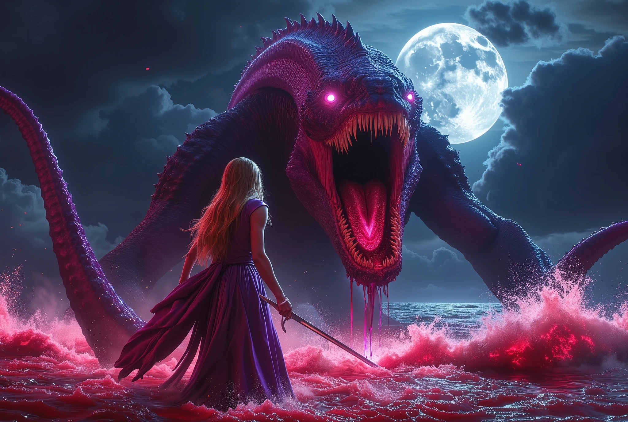 (Best Picture Quality,4K,8K,Hi-Res,Masterpiece:1.2),Ultra-Detailed,(Realistic,Photorealistic,Photorealistic:1. 37),A neon-colored, Gore,Eerie,Horror,Stormy Sea,Moon View,Sacrificed Princess Andromeda,The most beautiful princess in the world with blond hair and blue eyes,Giant monster appears from the sea,Kraken's mouth princess being dragged and torn apart, bloody bites, bloodied, dismembered bodies, shredded clothes, shattered crowns, deadly teeth, vicious mouths, hideous giant fangs, bloody saliva, torn flesh, dripping blood, bright red ocean water, brutal, dark atmosphere, nightmarish scenes, nightmarish nightmarish scene, nightmarish creature, horror movie scene, gruesome details, horror fantasy, horror art, horrific fantasy, nightmare fuel, horror movie poster, horror illustrator, monster lair, exquisite gore details, ominous lighting, demonic presence, vivid gore colors , anguish, torture, fate, (Amazingly powerful and realistic compositions by Greg Rutkowski:1.2), bokeh, depth of field, blur,