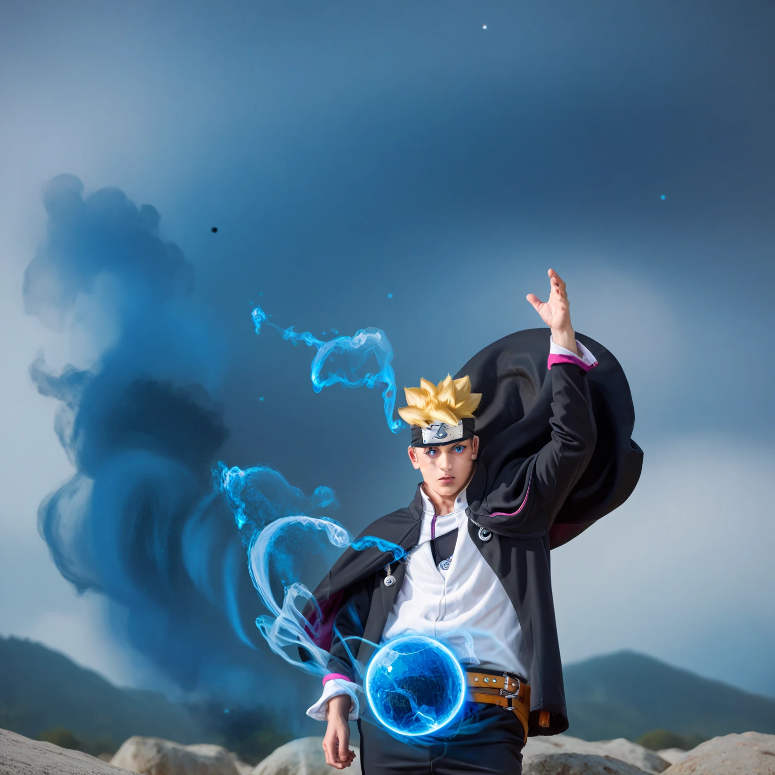 Boruto, 1boy, solo, fight pose, yellow hair, head protector, blue eyes, two black lines on the cheek, black cloak, black pants, gloves, rocks background, cowboy shot, one eyes closed,Textured Skin, one left hand carrying glowing light blue ball, blue smokes in ball area, blue smoke vortex in arround area ball, blue smoke overlay, smoking ball, realistic, wind effect