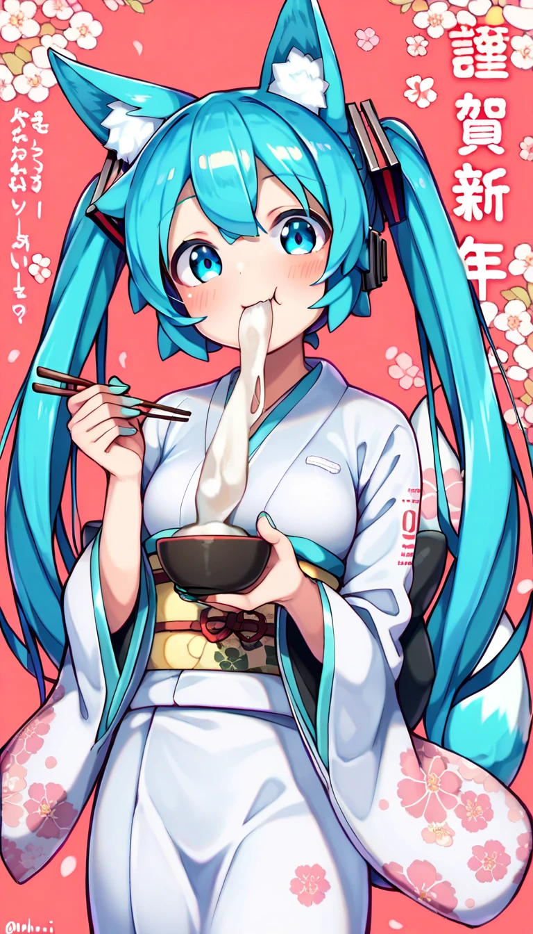 score_9, score_8_up, score_7_up,  1 girl, Happy New Year,  Hatsune Miku , kimono, Japanese clothing, cherry blossom background ,  eating mochi、Mochi that extends 50 cm from the mouth、chopsticks、Tea bowl、((Kemomimi))、 side tail 、((( fox ears)))、