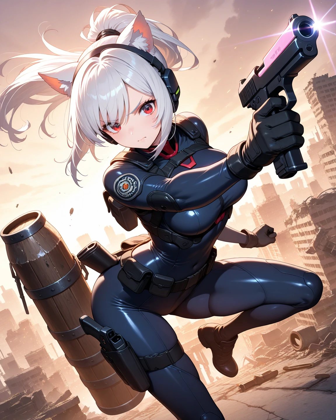  One woman,  Future female SWAT team members  ,(  grab your weapon and aim here  :1.6),(  Close up of a pistol barrel  :1.6),   Very tight black tactical bodysuit  ,   Tactical headset  , tactical holster , tactical gloves ,BREAK(serious),  ponytail ,  white hair ,   pretty face,    beautiful eyes  ,    beautiful eyes  ,  very detailed face  ,  Beautiful Body, The ruins of a futuristic city in the background  ,   Cyberpunk, Beautiful women's hands ,  Detailed arms  ,(  dynamic :1.6), Cat girl, dark red eyes