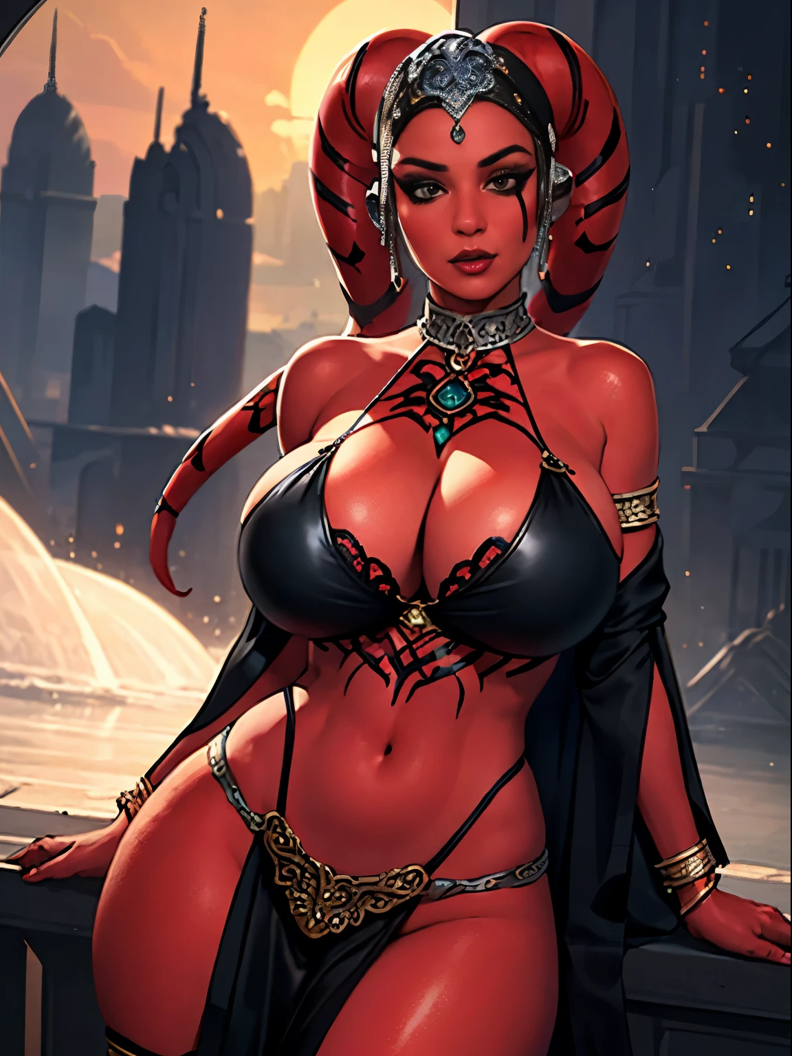 (best quality, masterpiece, highly detailed), 1girl, (red skin), sexy busty Twi'lek, (((gigantic breasts, skindentation, cleavage))), cleavage, sharp facial features, silver and black bikini, silver, ornate strapless metal bra, metal lace, gemstones, silver jewelry, long skirts, choker, armlets, pelvic curtain, silks, Star Wars, lekku stripes