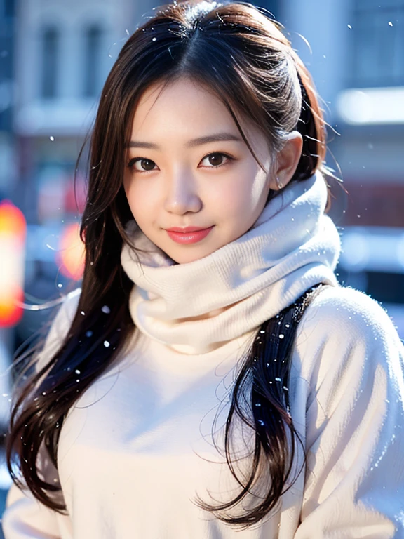 (best quality), (masterpiece), japanese, cyber girl warming street, highly beautiful detail face, smily, prostitute_expression, chubby face, baby face, detailed eyes, facial lighting, freezing in the snowy streets, her breath forming white clouds, snow-covered cityscape, chilly atmosphere, (winter wonderland:1.3), (frozen:1.2), (blizzard:1.1), (glistening snow:1.2), (street lamp:1.2), (nighttime:1.1), (snowflakes:1.3), (nostalgic:1.2), (frosty:1.1)