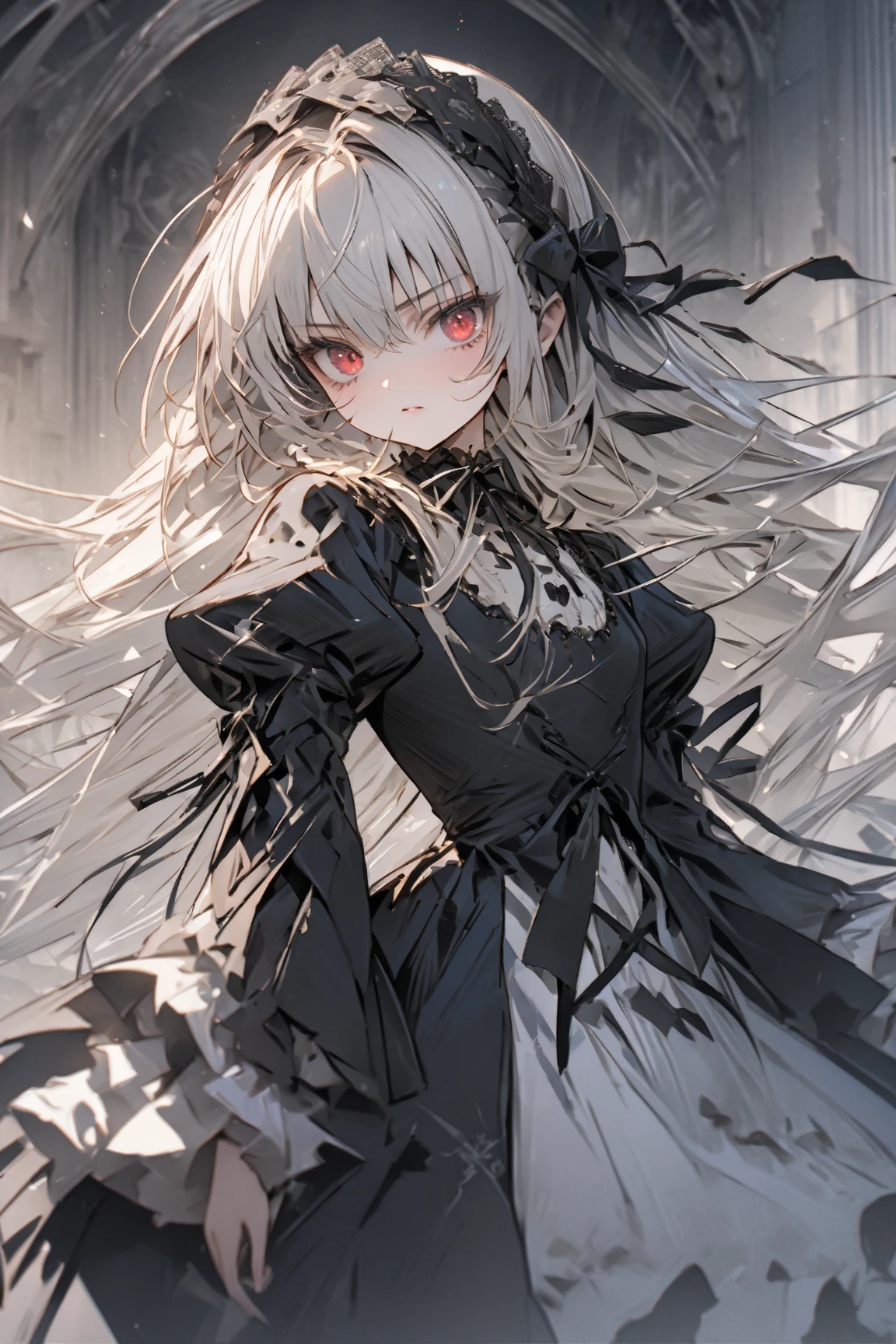 ((((masterpiece)))), ((((Best Quality)))), whole body,High resolution,4K,8k,, Rozen Maiden,suigintou,fine grain,Detailed face,action、so beautiful、Beautiful Skin、Beautiful and detailed eyes、