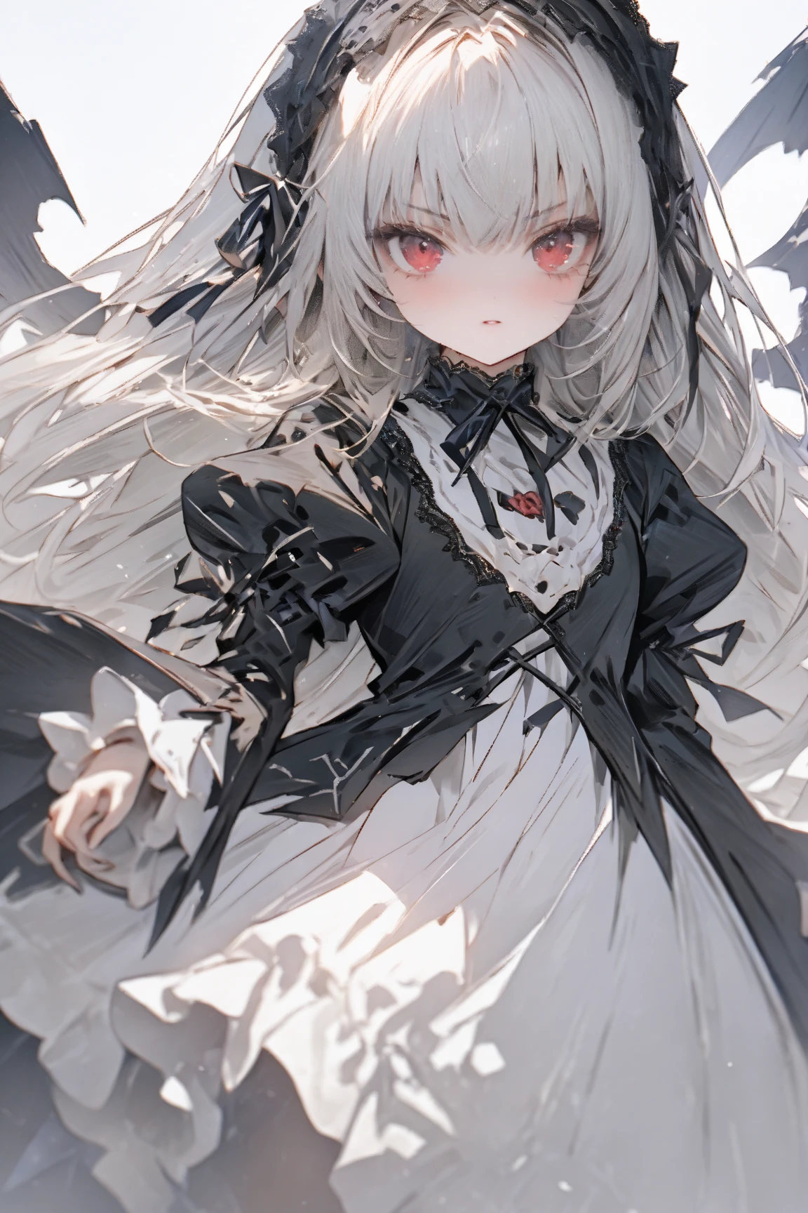 ((((masterpiece)))), ((((Best Quality)))), whole body,High resolution,4K,8k,, Rozen Maiden,suigintou,fine grain,Detailed face,action、so beautiful、Beautiful Skin、Beautiful and detailed eyes、