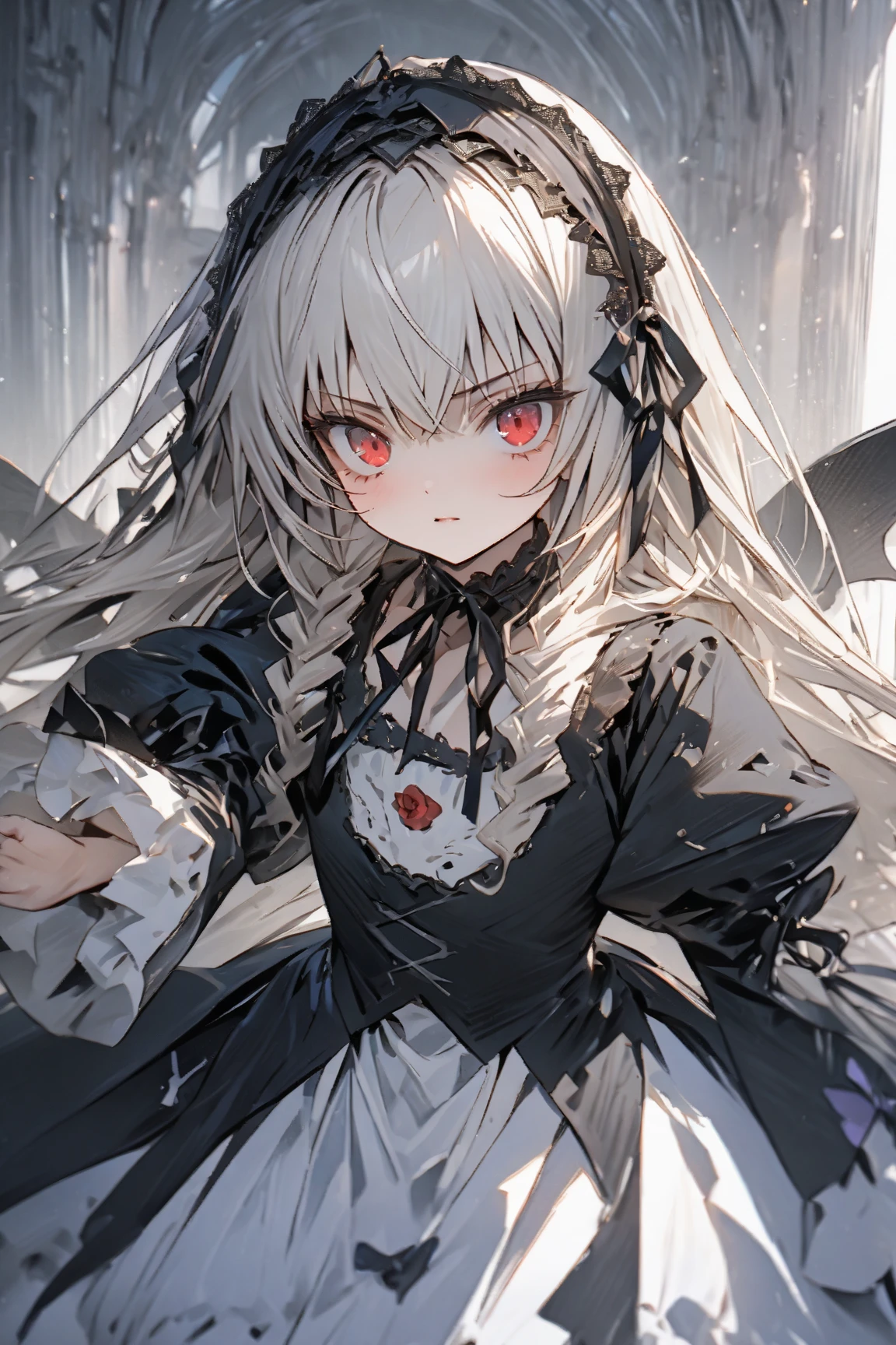 ((((masterpiece)))), ((((Best Quality)))), whole body,High resolution,4K,8k,, Rozen Maiden,suigintou,fine grain,Detailed face,action、so beautiful、Beautiful Skin、Beautiful and detailed eyes、