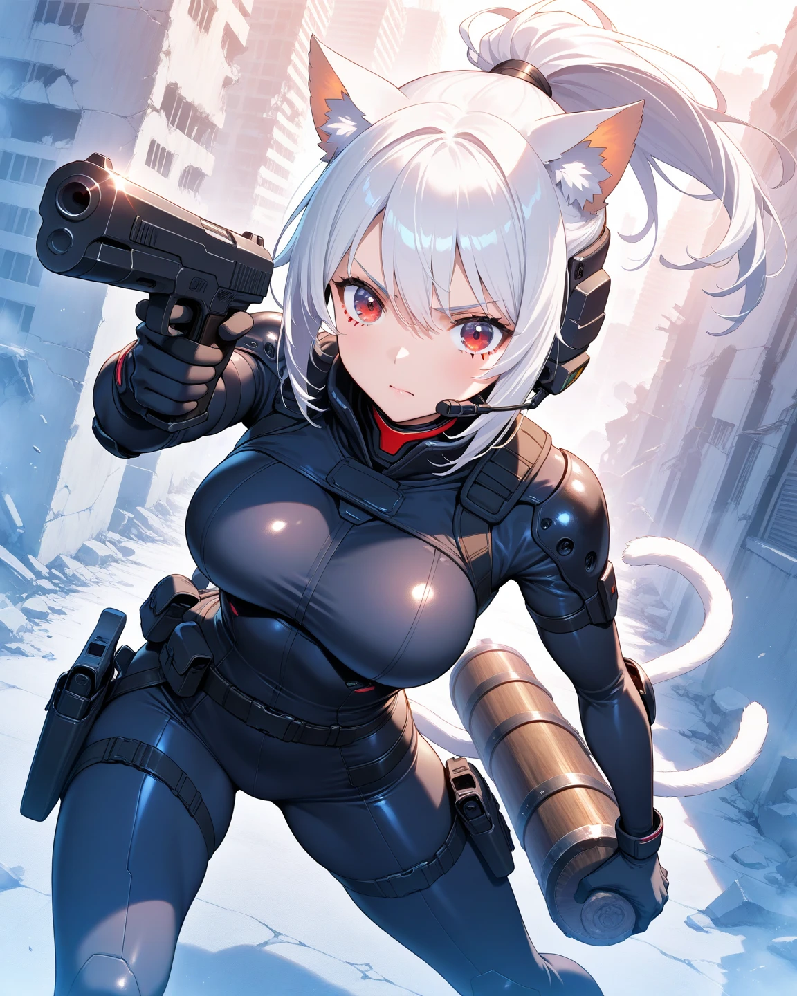  One woman,  Future female SWAT team members  ,(  grab your weapon and aim here  :1.6),(  Close up of a pistol barrel  :1.6),   Very tight black tactical bodysuit  ,   Tactical headset  , tactical holster , tactical gloves ,BREAK(serious),  ponytail ,  white hair ,   pretty face,    beautiful eyes  ,    beautiful eyes  ,  very detailed face  ,  Beautiful Body, The ruins of a futuristic city in the background  ,   Cyberpunk, Beautiful women's hands ,  Detailed arms  ,(  dynamic :1.6), Cat girl, dark red eyes