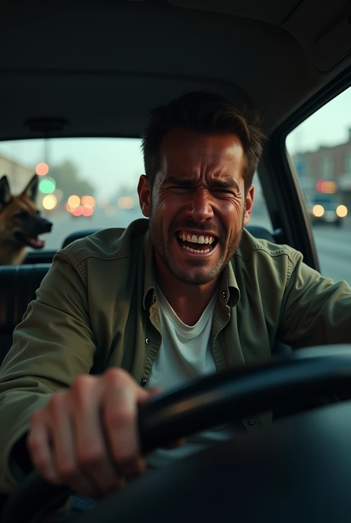 Crying man, lying on back seat of car while an angry dog is clawing at his chest and tearing his shirt. In the dog's mouth is a piece of the man's shirt which he torn