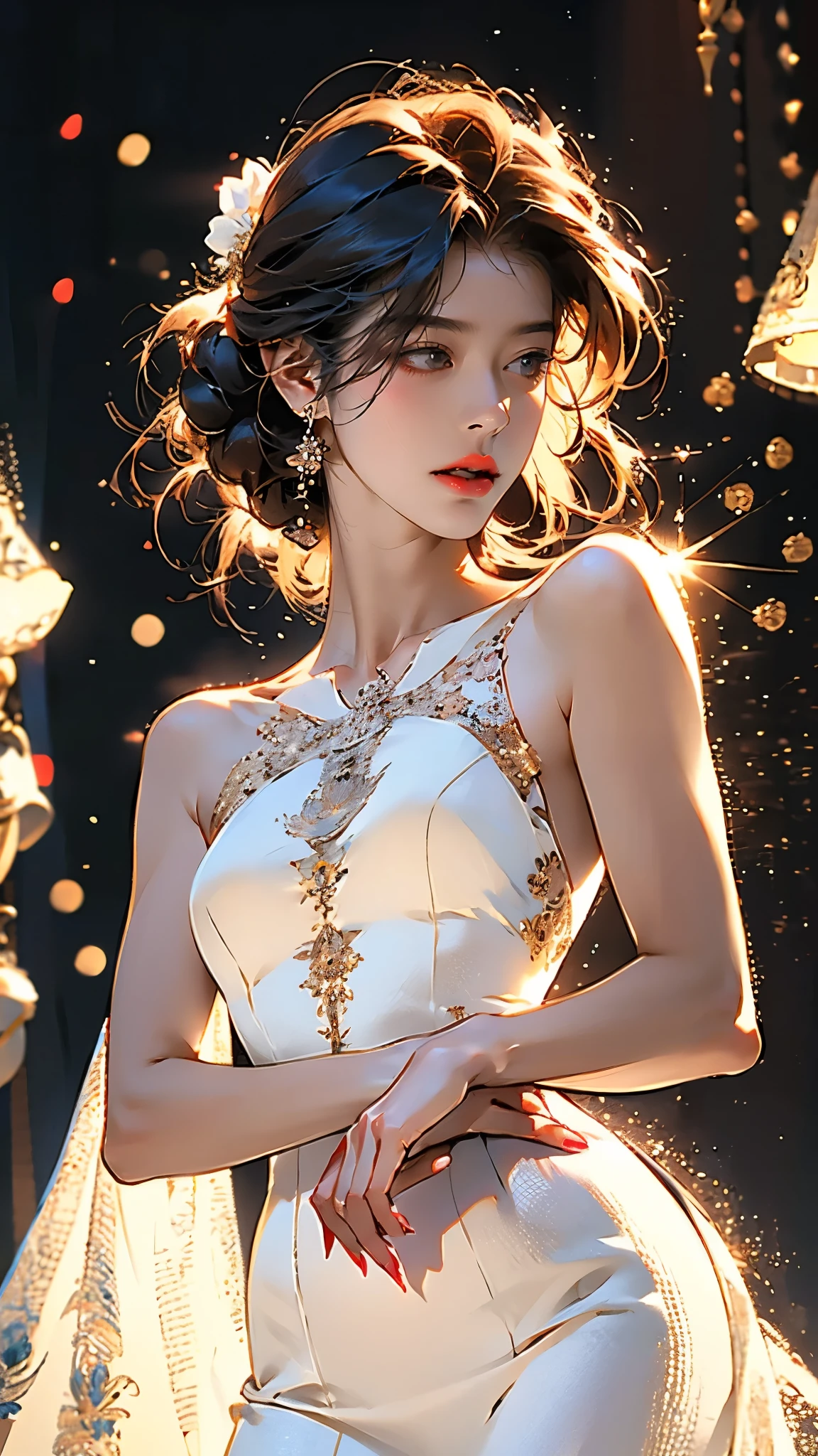 (masterpiece:1.2, best quality:1.2, extremely delicate:1.2), Nakatani Miki, a beautiful woman with medium length black hair, flawless oval face, passionate gaze, sweet smile, perfect smille, blush, seductive expression, tall and graceful figure, perfect body, perfect skin, Flamenco dance dresses, flowing skirt, alternating Red and Blackd textures, the color scheme is primarily Black with Red accents, she caresses her breasts, dancing gracefully on the stage, this character embodies a finely crafted fantasy style Flamenco dancer, exquisite and mature art style, goddess, feminine, exquisite photography, depth of field, bokeh, photorealistic, even and soft lighting on face, dramatic, high definition, highres, ultra detailed, professional photo, perfect body proportions, anatomically correct, symmetrical face, extremely detailed eyes and face, perfect eyes, high quality eyes, creativity, RAW photo, UHD, 32k, portrait lighting, Natural light, cinematic lighting, (masterpiece-anatomy-perfect:1.2)