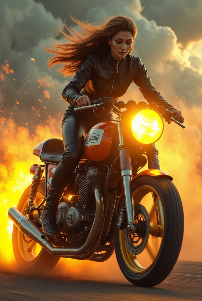 One beautiful woman riding a motorcycle tuned to Cafe Racer 、 yellow headlight、 rocket cowl 、Overall view of the motorcycle、glowing exhaust pipe、Movement illustration, Ultra Wide Angle, 