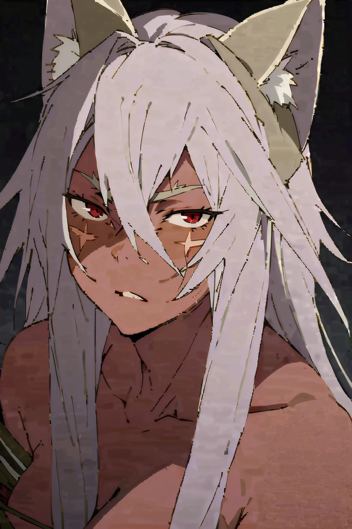 NSFW,masterpiece, top quality, high definition , very detailed, Ghislaine Desdordia、 long hair、bangs、Red Eye、 animal ears 、 hair between eyes、Gray Hair、 side lock 、Cat ears、 dark skin 、 dark skin の女性、 animal ears の毛、Facial scars、Cheek scar