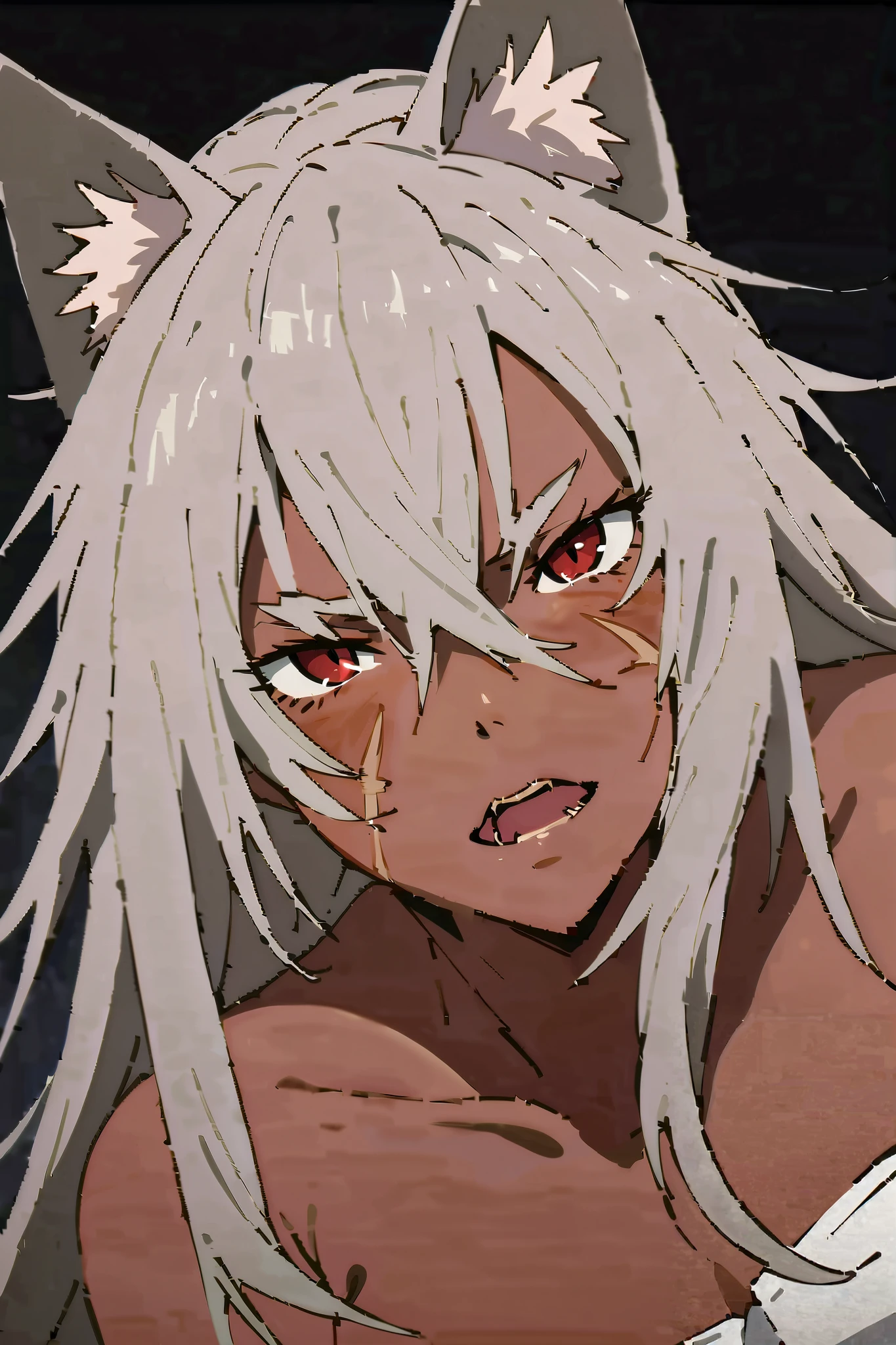 NSFW,masterpiece, top quality, high definition , very detailed, Ghislaine Desdordia、 long hair、bangs、Red Eye、 animal ears 、 hair between eyes、Gray Hair、 side lock 、Cat ears、 dark skin 、 dark skin の女性、 animal ears の毛、Facial scars、Cheek scar