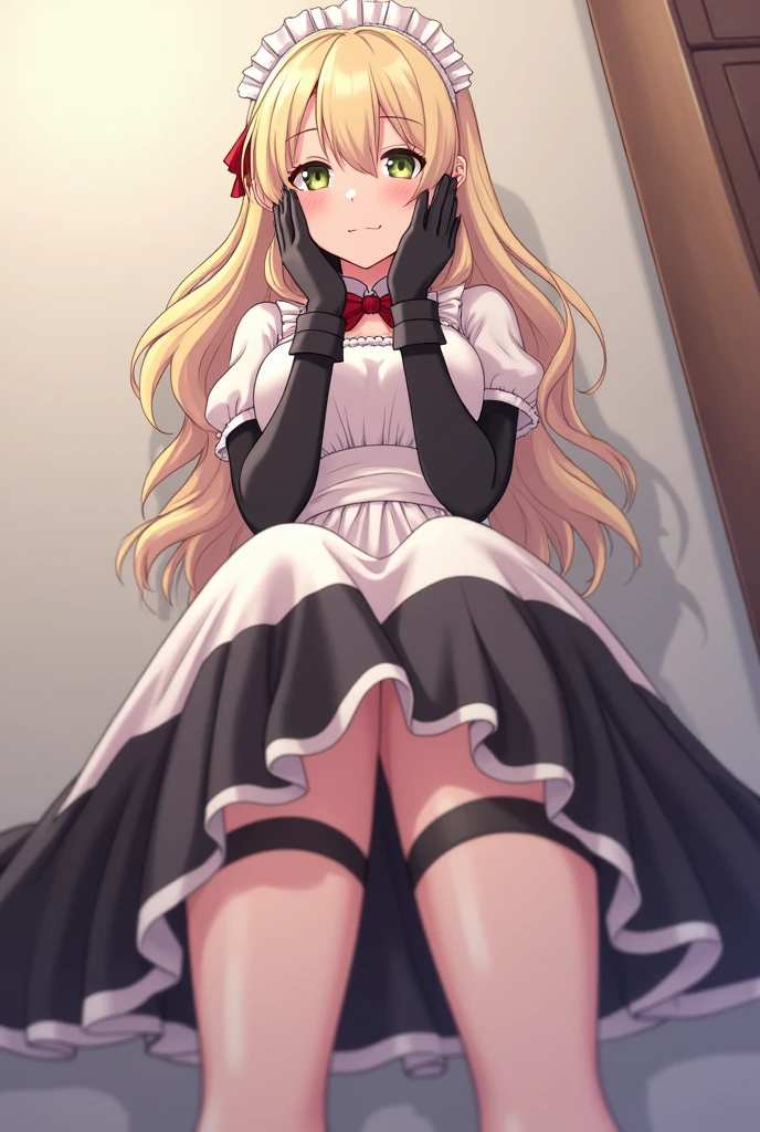 1girl, cute, ((Short black hair girl and long blonde hair girl)), maid victorian, maid apron, straight face, dazed, Body position: Standing, straight, symmetrical, barefoot, Lustful smile on face with red blush