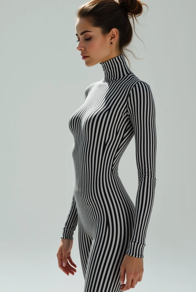 A Chinese adult girl wears prisoner lycra turtleneck unitard catsuit covered with black prisoner stripes.She always wear prisoner lycra dancewear unitard hijab-like hood.