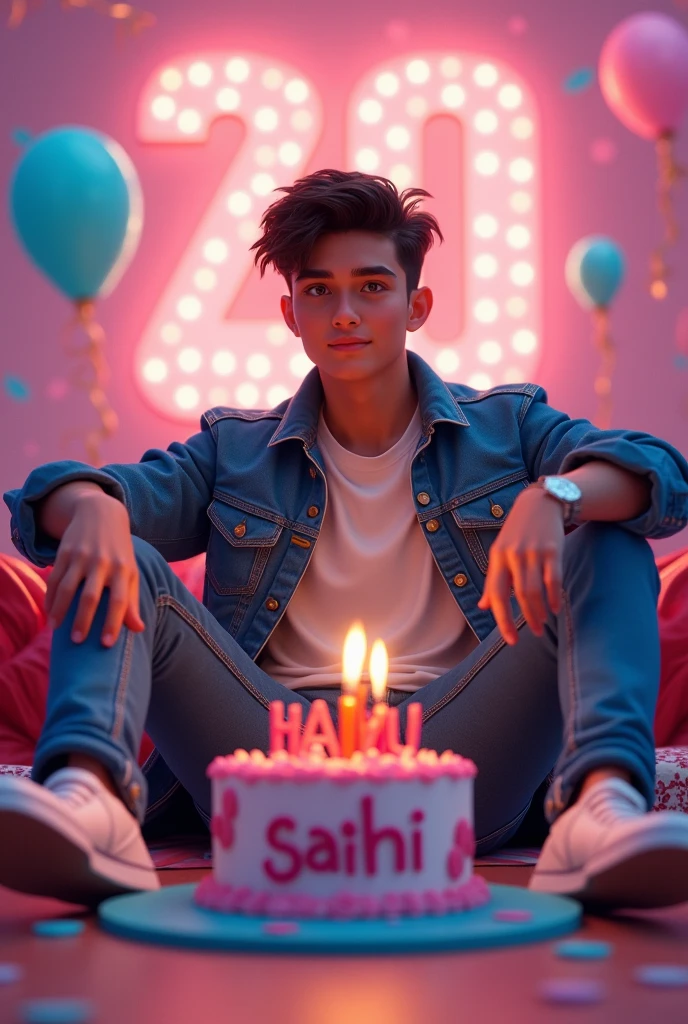 Create a realistic a profile picture where a 18 year old Boy is cutting his birthday cake facing forward in smiling face, purple hoodie, Sitting casually on a Wingback Chair There are giftsIying on the ground along both sides of the chair. and the cake is lying in front of table, my username "HARI" written on the cake with Red Color, in my background HAPPY BIRTHDAY HARI written with Red Colors, with balloons in different colors attached on the white wall, AND create 2nd boy 20 years old 
