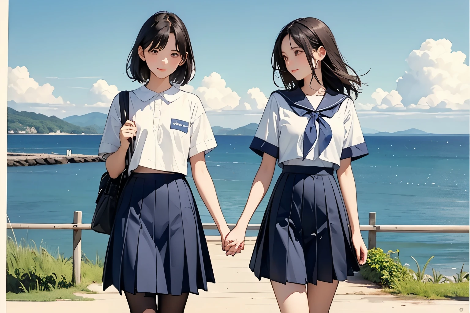 (Two middle school girls、They are both  、The height is the same、Petite:1.2)、( They walk side by side holding hands )、( awkward conversation )、( cute Japanese middle school girl) 、(Hair color is black、Black Eye、 medium hair 、 short hair、 straight hair 、smile、 slim but well-balanced body )、( girls wear sailor suits 、Short sleeve、 wearing a white pleated skirt、 long skirt 、Wear loafers)、School Bags、BREAK Summer 、countryside、Long concrete road、A little overgrown grass、electric wire、Beautiful blue sky and white cumulus clouds 、 beautiful ocean、 birds are flying、 top quality、  Details、