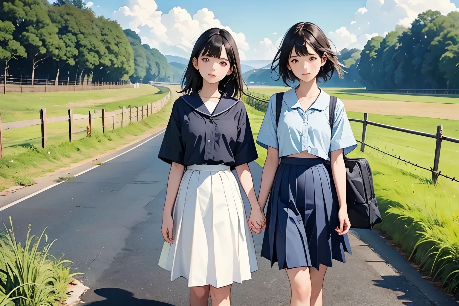 (Two middle school girls、They are both  、The height is the same、Petite:1.2)、( They walk side by side holding hands )、( awkward conversation )、( cute Japanese middle school girl) 、(Hair color is black、Black Eye、 medium hair 、 short hair、 straight hair 、smile、 slim but well-balanced body )、( girls wear sailor suits 、Short sleeve、 wearing a white pleated skirt、 long skirt 、Wear loafers)、School Bags、BREAK Summer 、countryside、Long concrete road、A little overgrown grass、electric wire、Beautiful blue sky and white cumulus clouds 、 beautiful ocean、 birds are flying、 top quality、  Details、