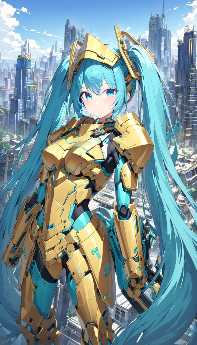 girl masterpiece, best quality high resolution, twintails, blue hair, blue eyes, very long hair, middle breast, detailed face, beautiful shape,  hatsune miku, wearing gold armored costume, armored gloves, armored boots, head protector, gripping a rifle, standing, smiling, , detailed background, cyberpunk city, buildings, blue sky, shining element,