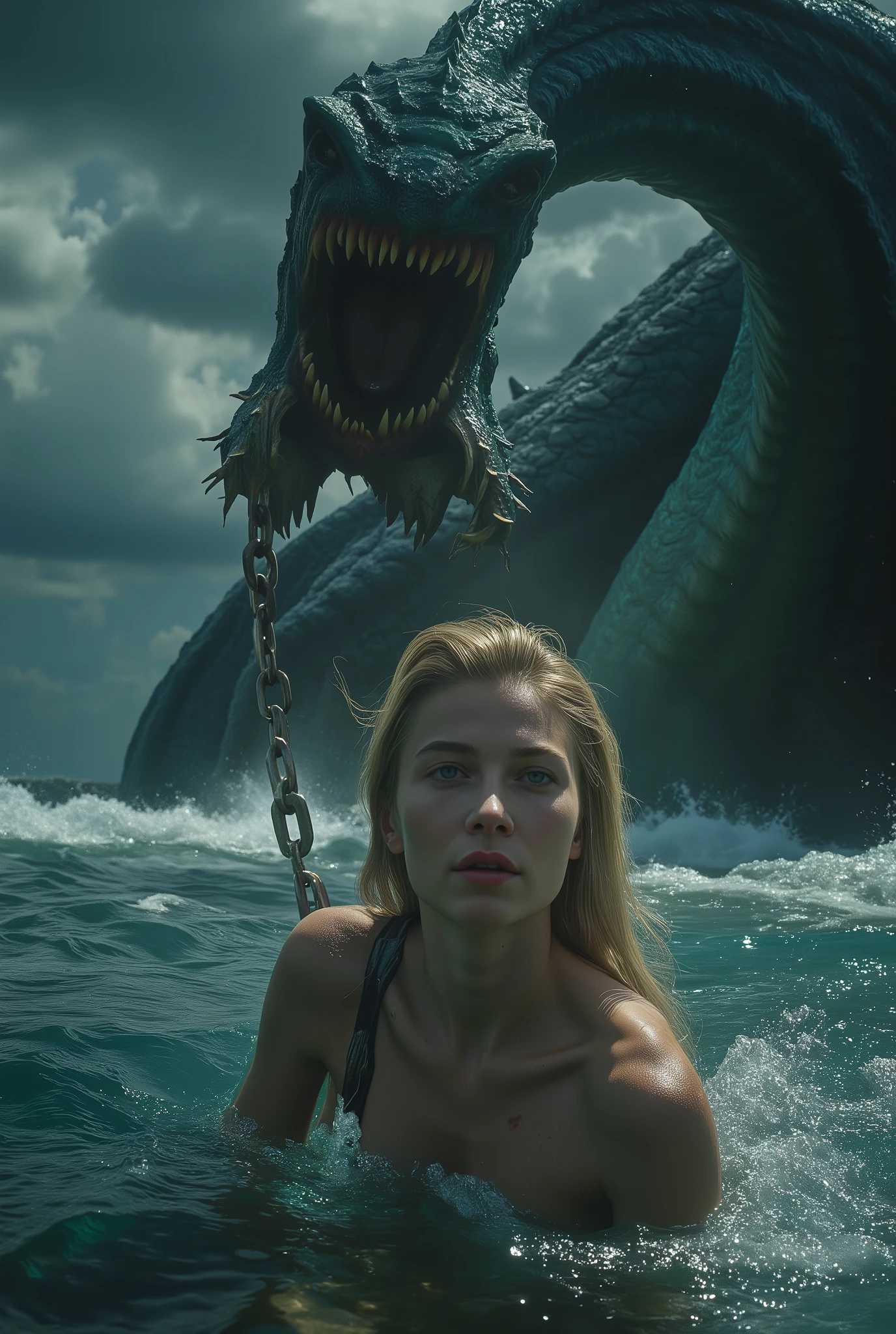 (best image quality, 4k, 8K, high resolution, masterpiece:1.2), (super detailed realisticphoto:1.37), (Serious situation:1.1), (A neon-colored:1.4), (A scene from an ancient Greek myth, The beautiful princess Andromeda was sacrificed to the giant ugly monster Kraken:1.2), (A large photo of Princess Andromeda, a beautiful blonde woman with chains around her wrists, Beautiful princess with blue eyes, Photo taken from behind, (Her hands are shackled and long chains are attached to them:1.6), (Andromeda is in distress:1.1), far away, The upper half of a gigantic, ugly man-eating monster, the Kraken, emerges from the sea, Life-threatening situations, Moderate: figure, Detailed figure, Digital figure, strong shadow (Firm texture:1.1), detailed: (eerie atmosphere, eerie clouds, dark lighting, Muddy seawater:1.2), detailed: The princess's desperate expression, Scary eyes, Bare feet with scars, The rippling muscles of the monster's upper body, The monster&#39;s scales shine in the moonlight, artistic style, dark fantasy, Scary mythical creatures, Dramatic Composition Color Palette: creepy lighting: The eerie moonlight casts an unforgettable shadow, The spotlight shines on the princess and the monster; (Amazingly powerful and realistic compositions by Greg Rutkowski:1.2), bokeh, depth of field, blur,