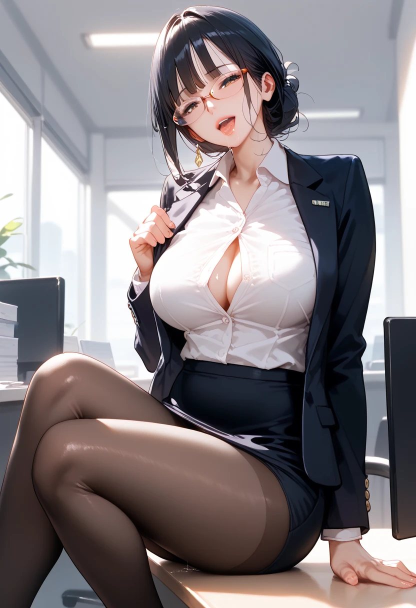 full-body, "taking off the black panty:1.8",stripping, joy, saliva, Beautiful office lady with long straight dark hair with straight bangs perfectly framing her eyebrows, black-rimmed glasses, large breasts straining white button-up blouse, black business blazer, pale skin. Side angle showing her lowering pantyhose, bangs falling slightly over her glasses, hair glossy and well-maintained. Professional yet innocent features, intelligent expression mixed with embarrassment, mature yet youthful face with perfect makeup."