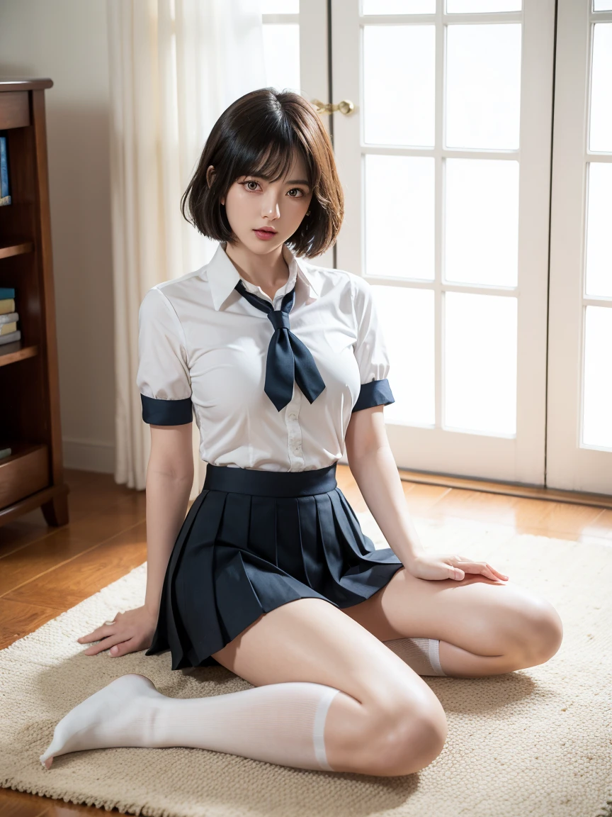 top-quality,ultra-detailliert,masterpiece,realisitic,Photo Real,Bright lighting,1 girl in, an extremely beautiful 17-year-old girl, (kawaii:1.2),Thin smile, (Brown eyes),(brown haired),(bangss),perfect glossy skin,flawless skin,((erotick,Sexy and sexually explicit)),((accurate hands without incongruity)), large full breasts,big breasts thin waist, Look at viewers,((a sailor suit)),((Short sleeve uniform white shirt)),(red necktie),(Blue Mini Pleated Skirt),(((skirt lift by yourself))),(lifted by self),(Showing panties),panties on,panties focus,((Sit up,spread legswide)), sockes, (Black knee socks),(Loafer shoes), during daytime,Bedroom、a bed