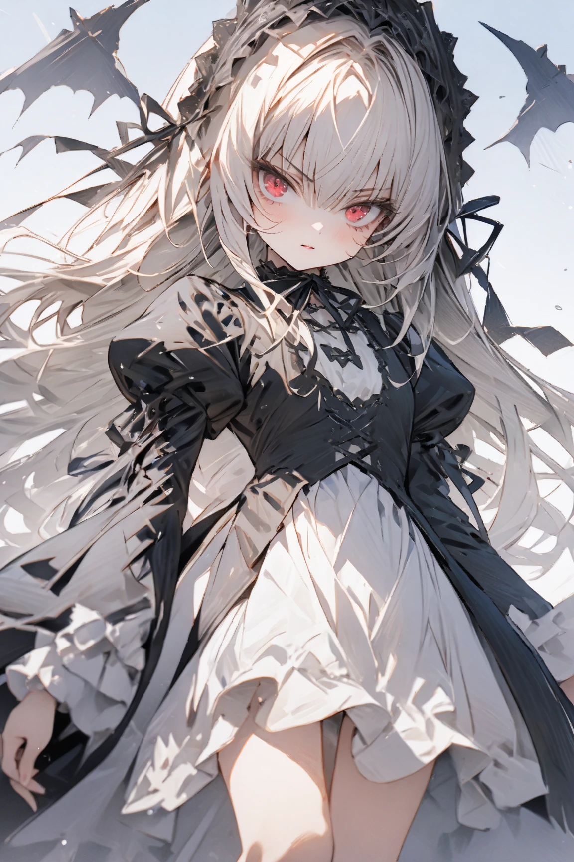 ((((masterpiece)))), ((((Best Quality)))), whole body,High resolution,4K,8k,, Rozen Maiden,suigintou,fine grain,Detailed face,action、戦っている,so beautiful、Beautiful Skin、Beautiful and detailed eyes、