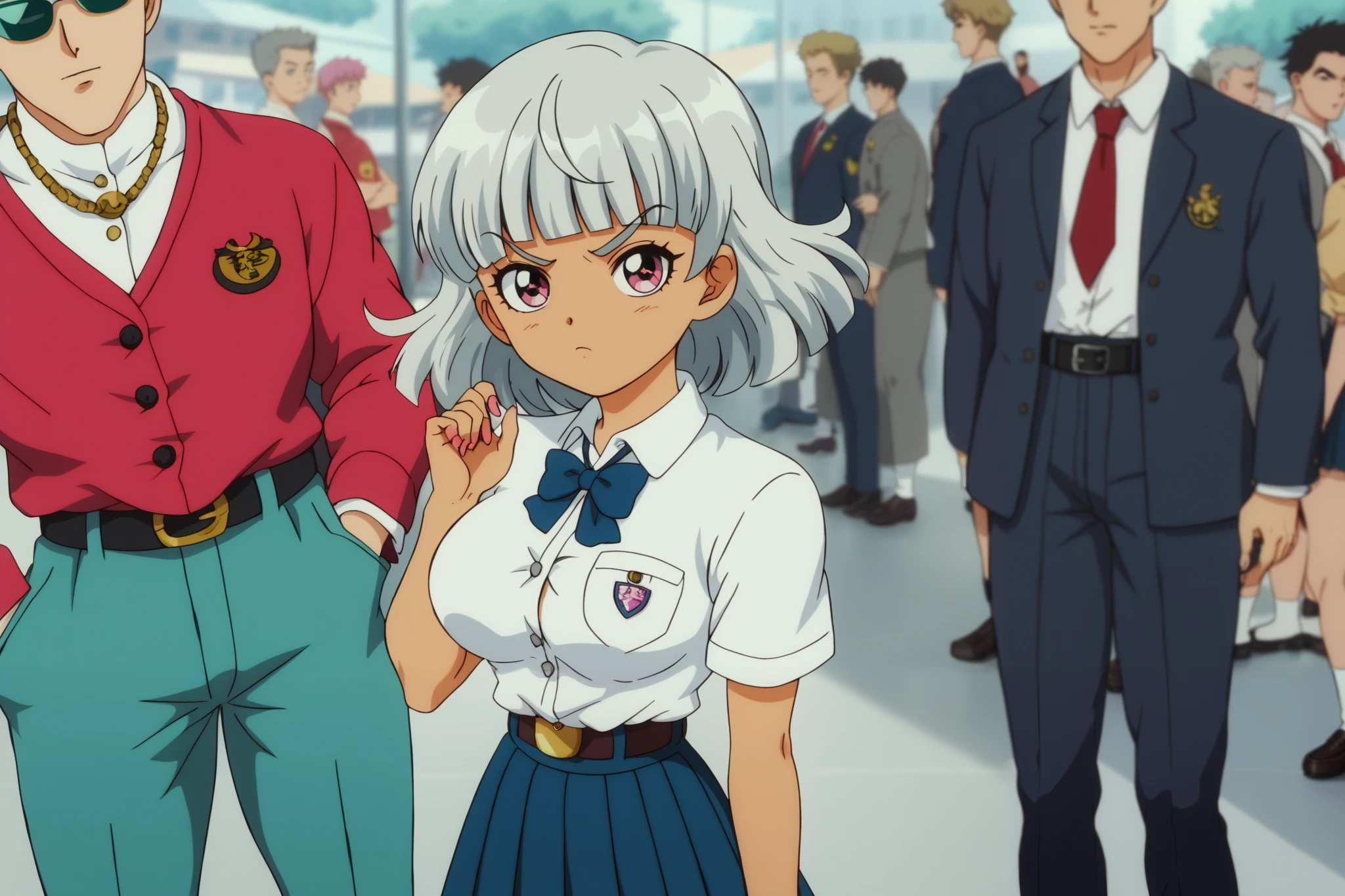 Young woman drawn in 80’s anime art style. 
 Retro anime   . Vintage Anime. Classical Anime. 
White Grey HAIR
Hime Cut Hair
(Round and Circle eyes)
(Pink eyes)
(Medium Sized Eyebrows)
(Tan Woman)
(Large Breast)
Annoyed

She is wearing The gakuran (School uniform), also called the tsume-eri (Xiejin), is the uniform for many middle-school and high-school boys in Japan.

The top has a standing collar buttoning down from top-to-bottom. Buttons are usually decorated with the school emblem to show respect to the school. Pants are straight leg and a black or dark-coloured belt is worn with them. Boys usually wear penny loafers or sneakers with this uniform. Some schools may require the students to wear collar-pins representing the school and/or class rank.

(Raindrops) (Rainy Sky) (School)

(Alone)