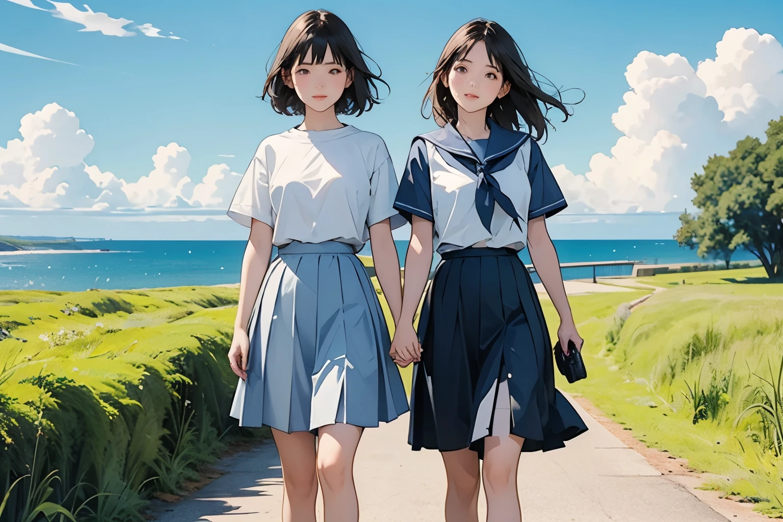 (Two middle school girls、They are both  、The height is the same、Petite:1.2)、( They walk side by side holding hands )、( awkward conversation )、( cute Japanese middle school girl) 、(Hair color is black、Black Eye、 medium hair 、 short hair、 straight hair 、smile、 slim but well-balanced body )、( girls wear sailor suits 、Short sleeve、 wearing a white pleated skirt、 long skirt 、Wear loafers)、School Bags、BREAK Summer 、countryside、Long concrete road、A little overgrown grass、electric wire、Beautiful blue sky and white cumulus clouds 、 beautiful ocean、 birds are flying、 top quality、  Details、