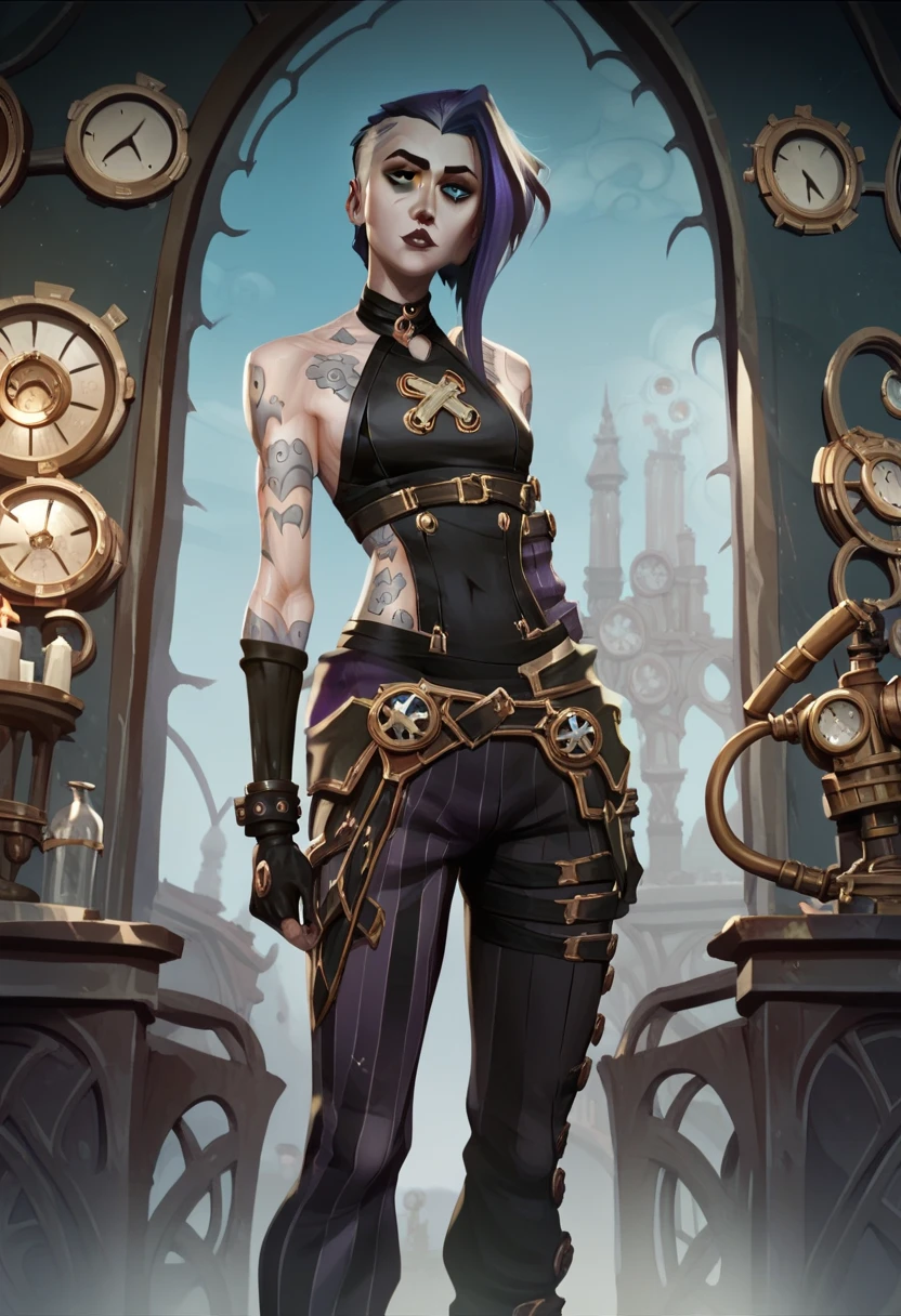 A character outfit from the series arcane gothic outfit , detailed, black clothes, dark skin, silver, bioluminescent purple, tattoos, extravagant, huge baggy pants,  black, sexy, steampunk, 