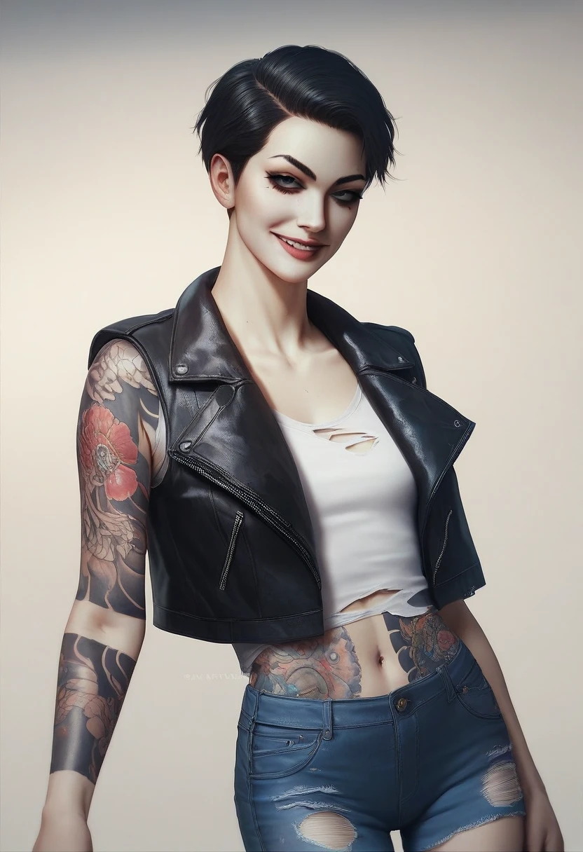 Best quality, 8k, 32k, perfect body, ultra detailed face, , detailed eyes, detailed black eyelashes, beautiful face, short hair, detailed white skin, sweet little lips, graceful standing pose, short sleeve leather jacket, ripped short jeans, yakuza tattoo, nice smile, perfect body