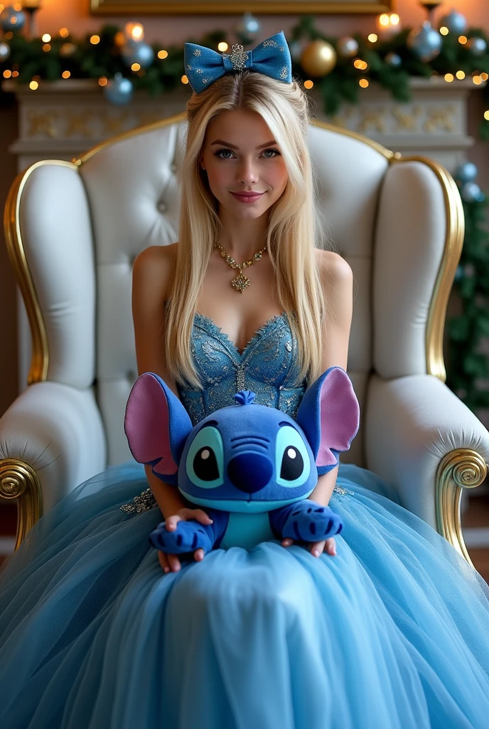 score_7, score_8, score_9,, BREAK, source_real, raw, photo, photography, A girl with very long blonde hair sitting serenely on a bench out front of her house dressed in a white cololor sparkling dress with glowing light blue accessories and light blue glowing flowers and butterflies at night near a beautiful house