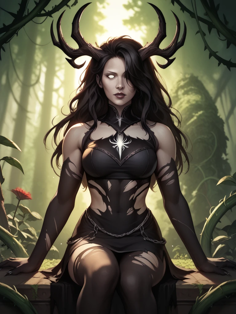 1girl, female, long hair, blavk hair,white eyes,hair over one eye, crop top,torn clothes,looking down,claws,
sitting, black dress, good lighting, cool hues, giant horns, vines, nature, windigo, creepy, green, earthy