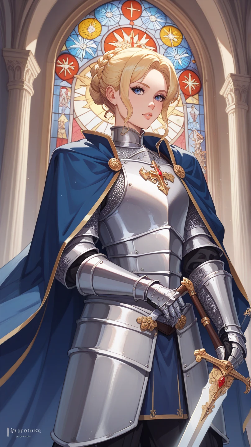 A knight with long blonde hair in ornate silver armor, holding a large, intricately designed sword, standing in a grand, gothic-style cathedral with stained glass windows and candlelit ambiance, wearing a blue cape.