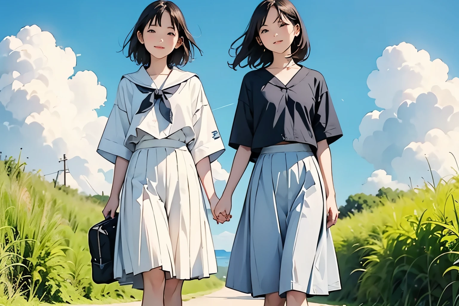 (Two  girls、They are both  、The height is the same、Petite:1.2)、( They walk side by side holding hands )、( awkward conversation )、( cute Japanese middle school color is black、Black Eye、 medium hair 、 short hair、 straight hair 、smile、 slim but well-balanced body )、( girls wear sailor suits 、Short sleeve、 wearing a white pleated skirt、 long skirt 、Wear loafers)、School Bags、BREAK Summer 、countryside、Long concrete road、A little overgrown grass、electric wire、Beautiful blue sky and white cumulus clouds 、 beautiful ocean、 birds are flying、 top quality、  Details、