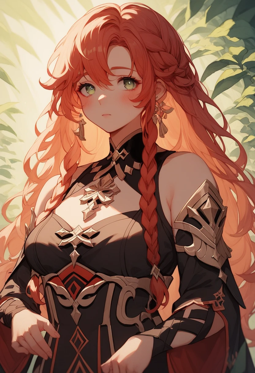  Anime,woman,Anime Style,woman,Chubby character ,red hair, Long hair, braided hair ,   black clothes with red ,fantasy Clothes ,  some simple parts of armor, cute,Blushing, little Chubby ,2D, personagem de anime,genshin impact style , magestic pose, magestic scenary, fantasy art, digital art, fancy dress, soft lineart, sunlight 