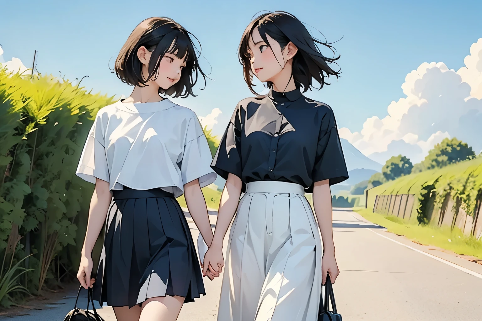 (Two middle school girls、They are both  、The height is the same、Petite:1.2)、( They walk side by side holding hands )、( awkward conversation )、( cute Japanese middle school girl) 、(Hair color is black、Black Eye、 medium hair 、 short hair、 straight hair 、smile、 slim but well-balanced body )、( girls wear sailor suits 、Short sleeve、 wearing a white pleated skirt、 long skirt 、Wear loafers)、School Bags、BREAK Summer 、countryside、Long concrete road、A little overgrown grass、electric wire、Beautiful blue sky and white cumulus clouds 、 beautiful ocean、 birds are flying、 top quality、  Details、