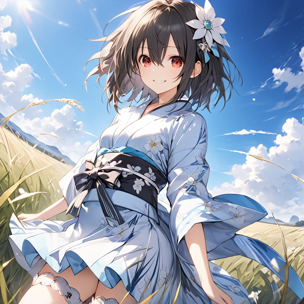 ( 1 girl),blanc \(Neptunia )\, black hair, red eyes, short hair, very long sidelocks,smirk, white floral mini yukata、(Thighs:1.5).(bridal garter:1.５),grassland、blue sky、 dynamic angle 、( perfect anatomy ),( best quality), ( ultra hi-res), (超 high definition ), ( Highly Detailed CG), (32K), (masterpiece)、eyesHD