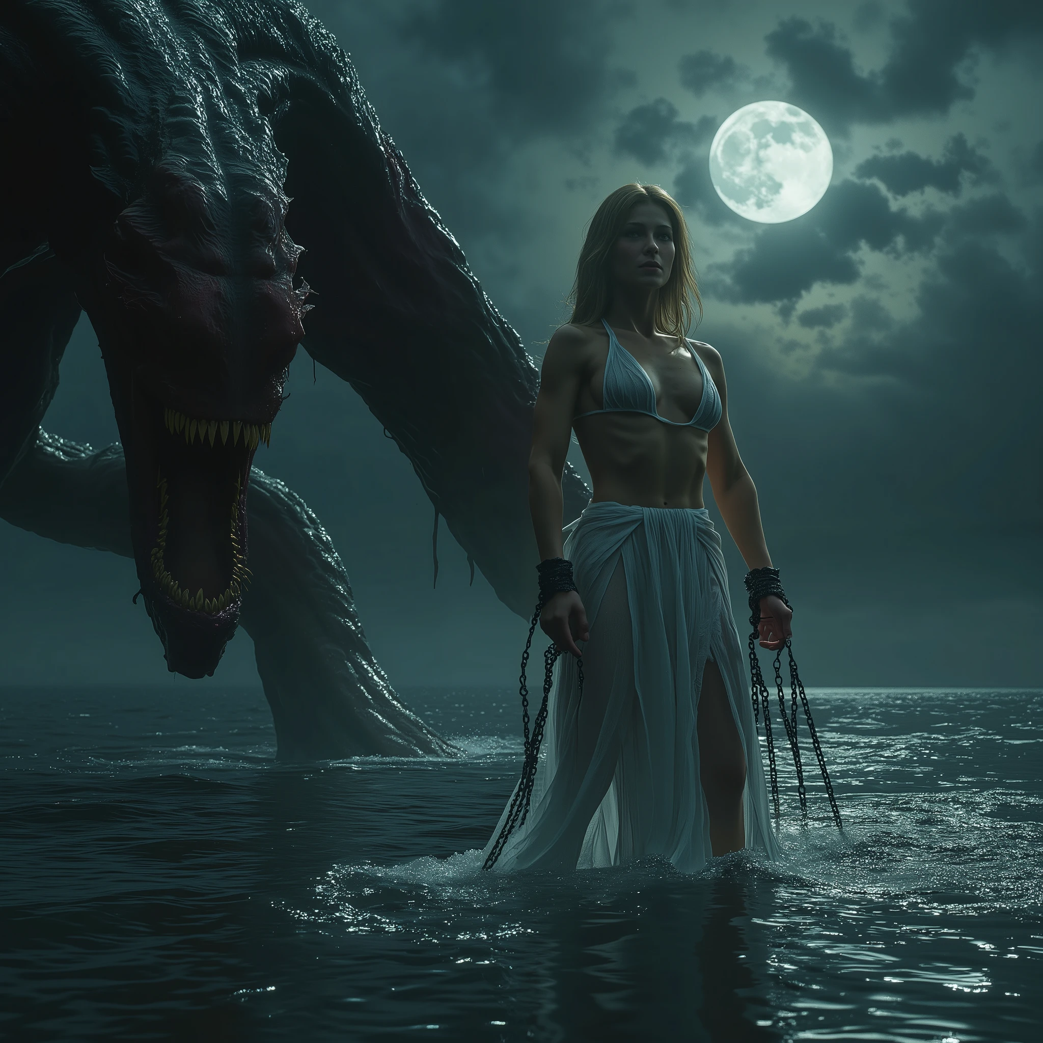 (best image quality, 4k, 8K, high resolution, masterpiece:1.2), (super detailed realisticphoto:1.37), (Serious situation:1.1), (A neon-colored:1.4), (A scene from an ancient Greek myth, The beautiful princess Andromeda was sacrificed to the giant ugly monster Kraken:1.2), (A large photo of Princess Andromeda, a beautiful blonde woman with chains around her wrists, Beautiful princess with blue eyes, Photo taken from behind, (Her hands are shackled and long chains are attached to them:1.6), (Andromeda is in distress:1.1), far away, The upper half of a gigantic, ugly man-eating monster, the Kraken, emerges from the sea, Life-threatening situations, Moderate: figure, Detailed figure, Digital figure, strong shadow (Firm texture:1.1), detailed: (eerie atmosphere, eerie clouds, dark lighting, Muddy seawater:1.2), detailed: The princess's desperate expression, Scary eyes, Bare feet with scars, The rippling muscles of the monster's upper body, The monster's scales shine in the moonlight, artistic style, dark fantasy, Scary mythical creatures, Dramatic Composition Color Palette: creepy lighting: The eerie moonlight casts an unforgettable shadow, The spotlight shines on the princess and the monster; (Amazingly powerful and realistic compositions by Greg Rutkowski:1.2), bokeh, depth of field, blur,
