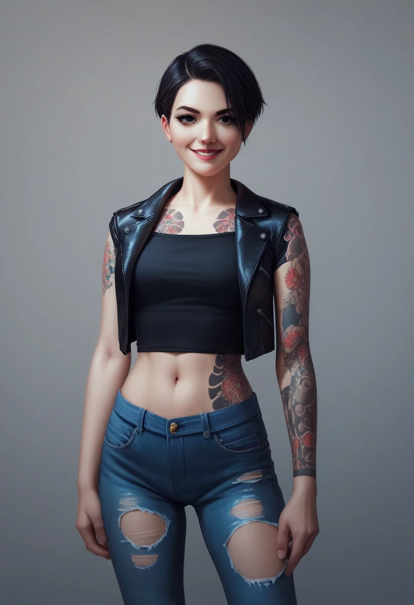 Best quality, 8k, 32k, perfect body, ultra detailed face, , detailed eyes, detailed black eyelashes, beautiful face, short hair, detailed white skin, sweet little lips, graceful standing pose, short sleeve leather jacket, ripped short jeans, yakuza tattoo, nice smile, perfect body