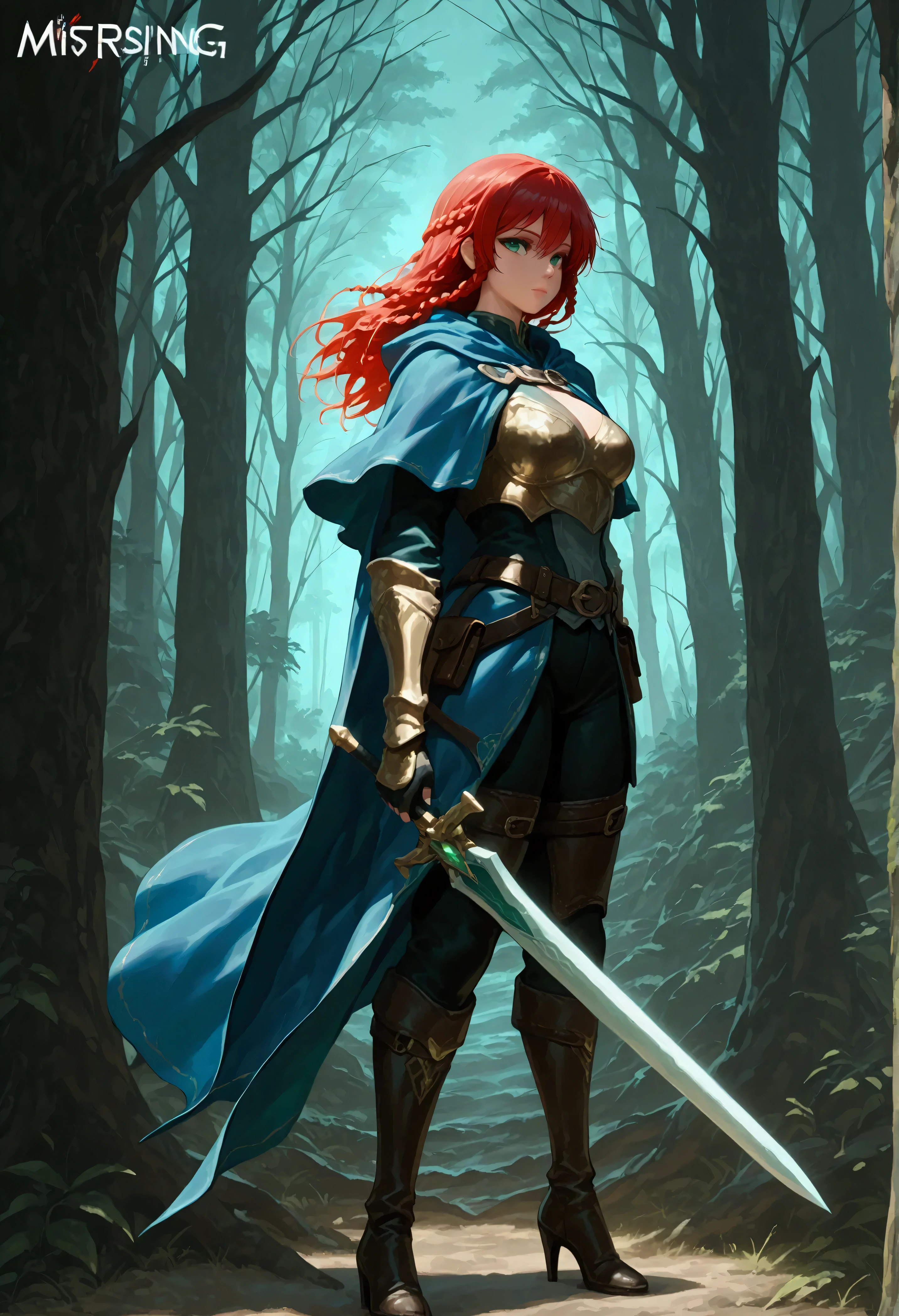 score_9, score_8_up, score_7_up, score_6_up, score_5_up, score_4_up, fantasy art, RPG art, Dark fantasy art, ultra wide shot, RAW, photorealistic, a portrait picture of female human ranger, the ranger, an exquisite beautiful human woman, long red hair, braided hair, green eyes, wearing leather armor, wearing (blue cloak: 1.1), armed with a (sword: 1.3), wearing high heels boots, standing in a dark forest at night, (mist rising from the grounds: 1.3), a sense of dread and fear, yet she stands defiant and fearless, dark fantasy forest background, best quality, 16k, [ultra detailed], masterpiece, best quality, (ultra detailed), full body, ultra wide shot, Cinematic Shot