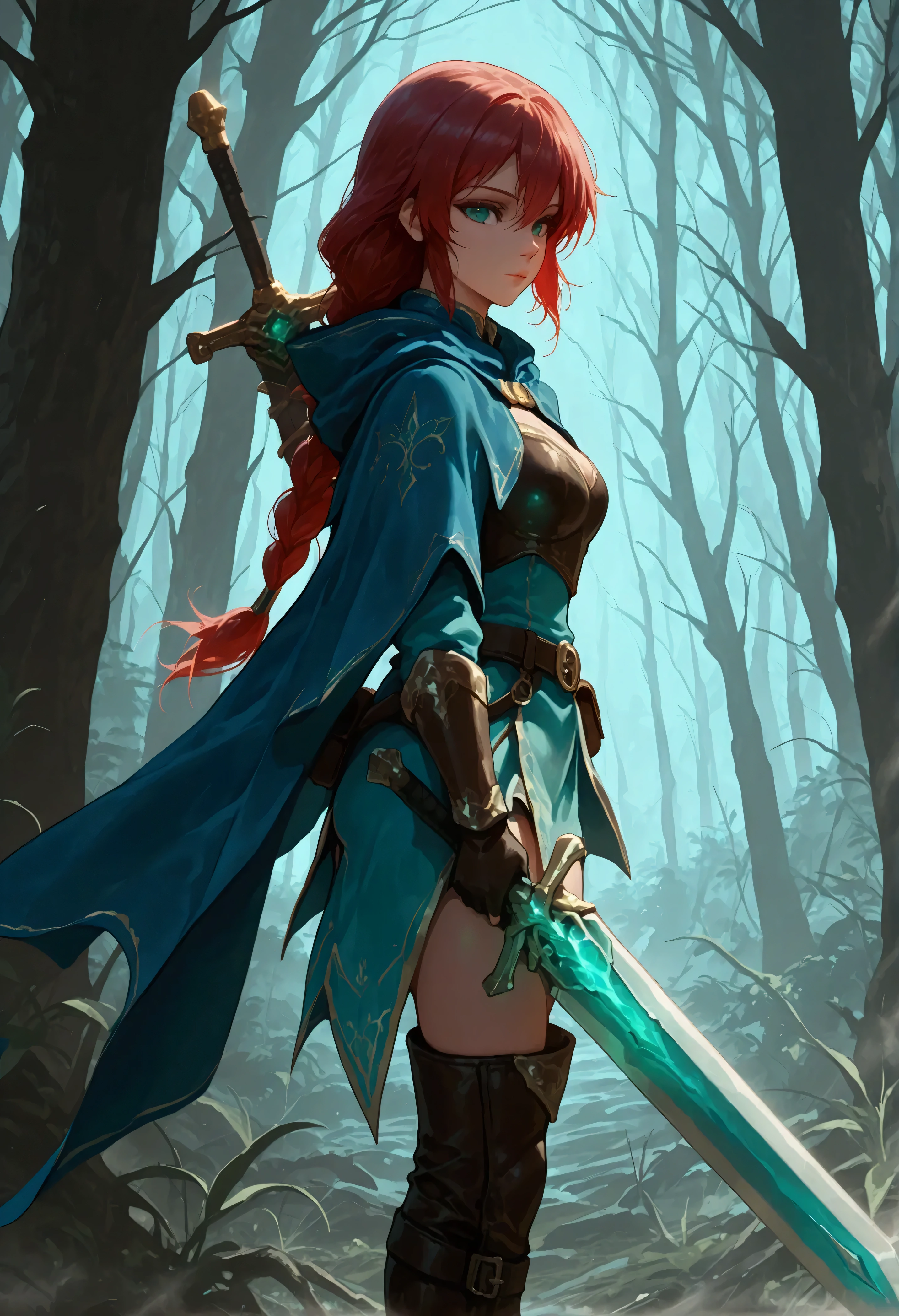 score_9, score_8_up, score_7_up, score_6_up, score_5_up, score_4_up, fantasy art, RPG art, Dark fantasy art, ultra wide shot, RAW, photorealistic, a portrait picture of female human ranger, the ranger, an exquisite beautiful human woman, long red hair, braided hair, green eyes, wearing leather armor, wearing (blue cloak: 1.1), armed with a (sword: 1.3), wearing high heels boots, standing in a dark forest at night, (mist rising from the grounds: 1.3), a sense of dread and fear, yet she stands defiant and fearless, dark fantasy forest background, best quality, 16k, [ultra detailed], masterpiece, best quality, (ultra detailed), full body, ultra wide shot, Cinematic Shot