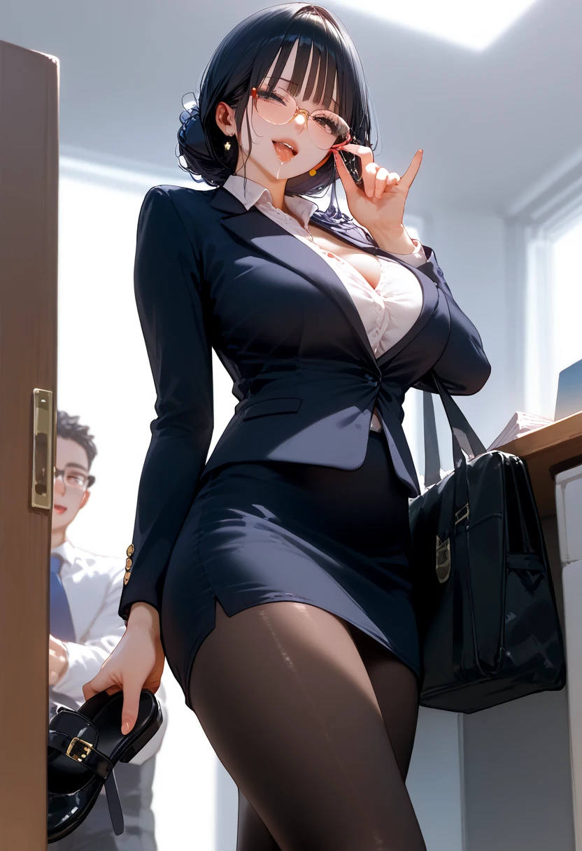 full-body, "taking off the black panty with a hand:1.8",stripping, joy, saliva, Beautiful office lady with long straight dark hair with straight bangs perfectly framing her eyebrows, black-rimmed glasses, large breasts straining white button-up blouse, black business blazer, pale skin. Side angle showing her lowering pantyhose, bangs falling slightly over her glasses, hair glossy and well-maintained. Professional yet innocent features, intelligent expression mixed with embarrassment, mature yet youthful face with perfect makeup."