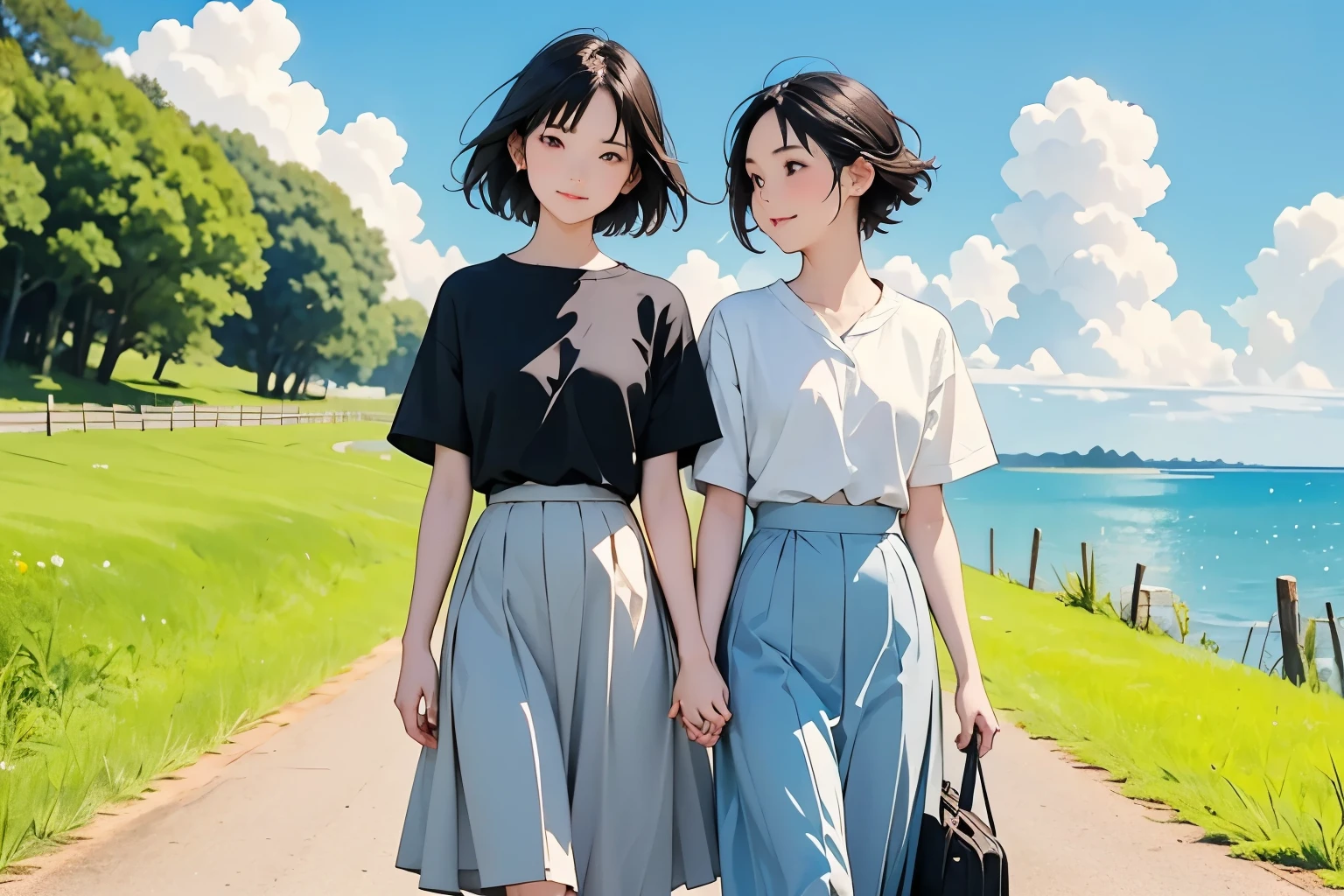 (Two  girls、They are both  、The height is the same、Petite:1.2)、( They walk side by side holding hands )、( awkward conversation )、( cute Japanese middle school color is black、Black Eye、 medium hair 、 short hair、 straight hair 、smile、 slim but well-balanced body )、( girls wear sailor suits 、Short sleeve、 wearing a white pleated skirt、 long skirt 、Wear loafers)、School Bags、BREAK Summer 、countryside、Long concrete road、A little overgrown grass、electric wire、Beautiful blue sky and white cumulus clouds 、 beautiful ocean、 birds are flying、 top quality、  Details、