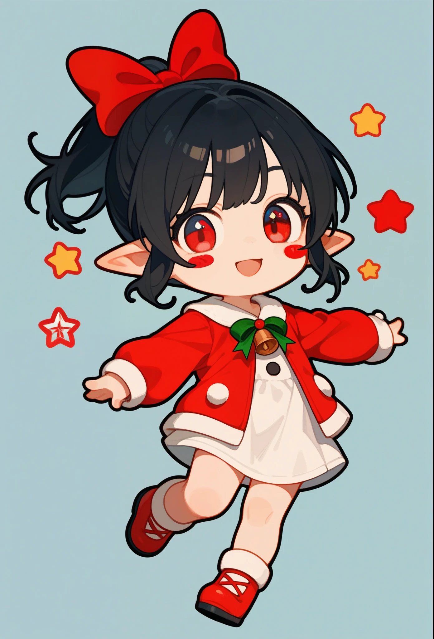 score_9, score_8_up, score_7_up, score_6_up, score_5_up, score_4_up, source_anime, chibi, (cute sticker style:1.3), (1girl, solo), kawaii, smiling, red eyes, black hair, (short hair, ponytail), red sundress, pointy ears, ((simple background, plain background)), Christmas theme.