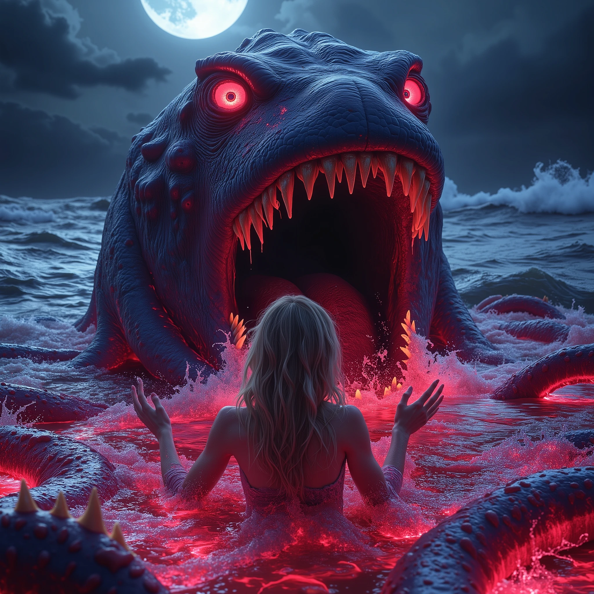 (Best Picture Quality,4K,8K,Hi-Res,Masterpiece:1.2),Ultra-Detailed,(Realistic,Photorealistic,Photorealistic:1. 37),A neon-colored, Gore,Eerie,Horror,Stormy Sea,Moon View,Sacrificed Princess Andromeda,The most beautiful princess in the world with blond hair and blue eyes,Giant monster appears from the sea,Kraken's mouth princess being dragged and torn apart, bloody bites, bloodied, dismembered bodies, shredded clothes, shattered crowns, deadly teeth, vicious mouths, hideous giant fangs, bloody saliva, torn flesh, dripping blood, bright red ocean water, brutal, dark atmosphere, nightmarish scenes, nightmarish nightmarish scene, nightmarish creature, horror movie scene, gruesome details, horror fantasy, horror art, horrific fantasy, nightmare fuel, horror movie poster, horror illustrator, monster lair, exquisite gore details, ominous lighting, demonic presence, vivid gore colors , anguish, torture, fate, (Amazingly powerful and realistic compositions by Greg Rutkowski:1.2), bokeh, depth of field, blur,